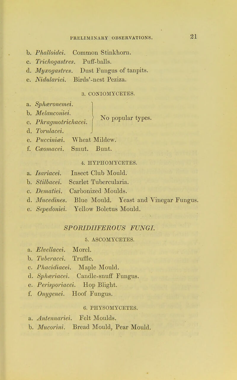 b. Phalloidei. Common Stinkhorn. c. Trichogastres. Puff-balls. d. Myxogasti'es. Dust Fuugus of tanpits. e. Nidulariei. Birds'-nest Peziza. I No popular types. 3. CONIOMYCETES. a. Sphcsronemei. b. Melanconiei. c. Phragmotrichacei. d. Torulacei. e. Puccinim. Wheat Mildew. f. Cceomacei. Smut. Bunt. 4. HTPHOMYCETES. a. Isariacei. Insect Club Mould. b. Stilbacei. Scarlet Tubercularia. c. Dematiei. Carbonized Moulds. d. Mucedines. Blue Mould. Yeast and Vinegar Fungus, e. Sepedoniei. Yellow Boletus Mould, SPORIDIIFEROUS FUNGI. 5. ASCOMYCETES. a. Elvellacei. Morel. b. Tuberacei. Truffle. c. Phacidiacei. Maple Mould. d. Spliceriacei. Candle-snuff Fungus. e. Perisporiacd. Hop Blight. f. Omjgenei. Hoof Fungus. 6. PHYSOMYCETES. a. Antennariei. Felt Moulds. b. Mucorini. Bread Mould, Pear Mould.