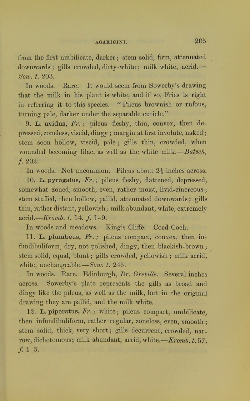 from the first umbilicate, darker; stem solid, firm, attenuated downwards; gills crowded, dirty-white ; milk white^ acrid.— Sow. t. 203. In woods. Rare. It would seem from Sowerby's drawing that the milk in his plant is white, and if so, Fries is right in referring it to this species.  Pilcus brownish or rufous, turniug pale, darker under the separable cuticle. 9. L. uYidus, Fr.; pileus fleshy, thin, convex, then de- pressed, zoneless, viscid, dingy; margin at first involute, naked; stem soon hollow, viscid, pale ; gills thin, crowded, when wounded becoming lilac, as well as the white milk.—Batsch, f. 202. In woods. Not uncommon. Pileus about 2\ inches across. 10. L. pyrogalus, Fr.; pileus fleshy, flattened, depressed, somewhat zoned, smooth, even, rather moist, livid-cinereous; stem stuflFed, then hollow, pallid, attenuated downwards; gills thin, rather distant, yellowish; milk abundant, white, extremely acrid.—Kromb. t. 14. /. 1-9. In woods and meadows. King's Cliffe. Coed Coch. 11. L. plumbeus, Fr.; pileus compact, convex, then in- fundibuliforra, dry, not polished, dingy, then blackish-brown; stem solid, equal, blunt; gills crowded, yellowish; milk acrid, white, unchangeable.—Sow. t. 245. In woods. Rare. Edinburgh, Dr. Greville. Several inches across. Sowerby's plate represents the gills as broad and dingy like the pileus, as well as the milk, but in the original drawing they are pallid, and the milk white. 12. Ii. piperatus, Fr.; white; pileus compact, umbilicate, then infundibuliform, rather regular, zoneless, even, smooth; stem solid, thick, very short; gills decurrent, crowded, nar- row, dichotomous; milk abundant, acrid, white.—Kromb. t. 57. /. 1-3.