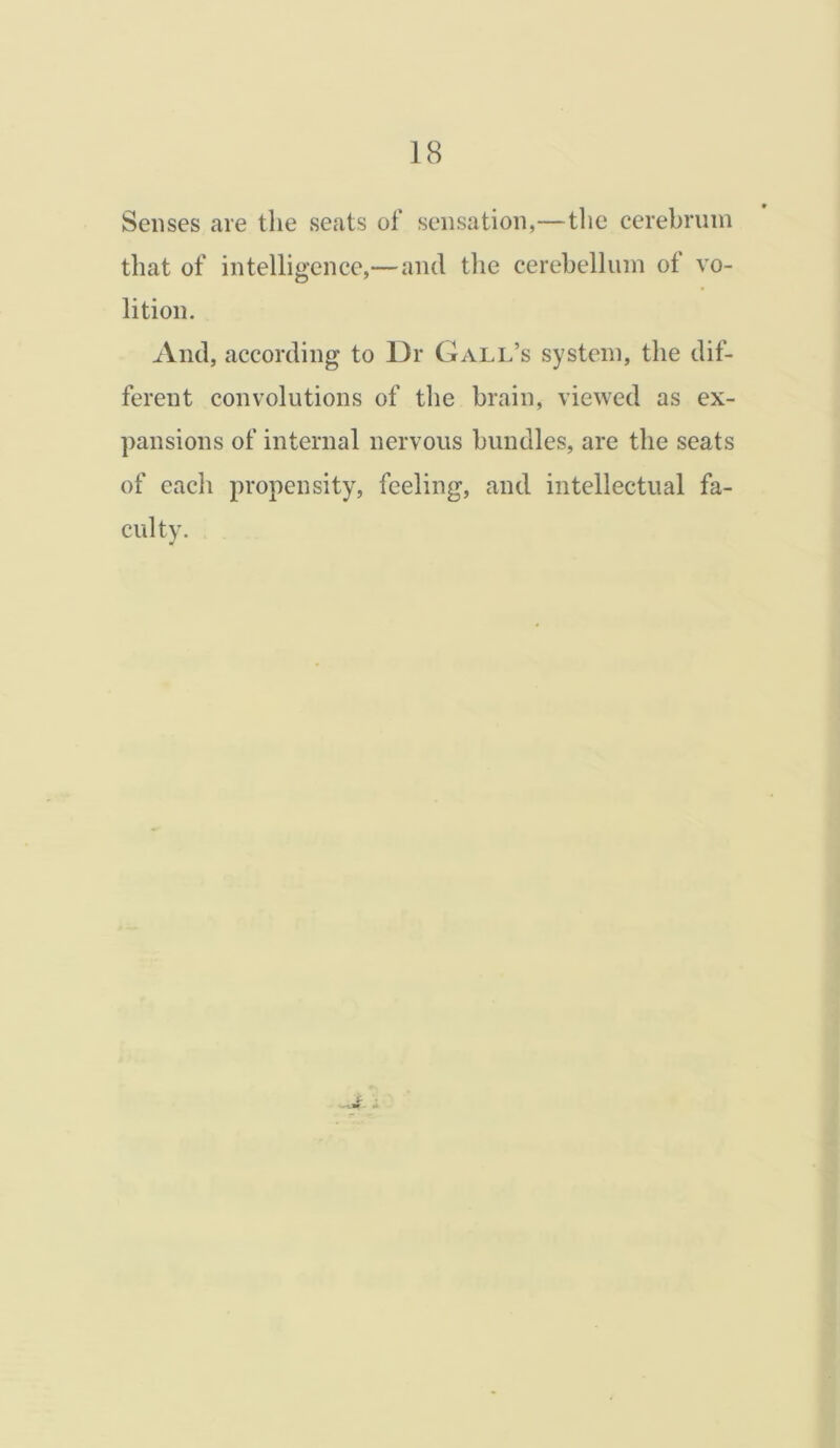 Senses are the seats of sensation,—the cerebrum that of intelligence,—and the cerebellum of vo- lition. And, according to Dr Gall’s system, the dif- ferent convolutions of the brain, viewed as ex- pansions of internal nervous bundles, are the seats of each propensity, feeling, and intellectual fa- culty. -j .