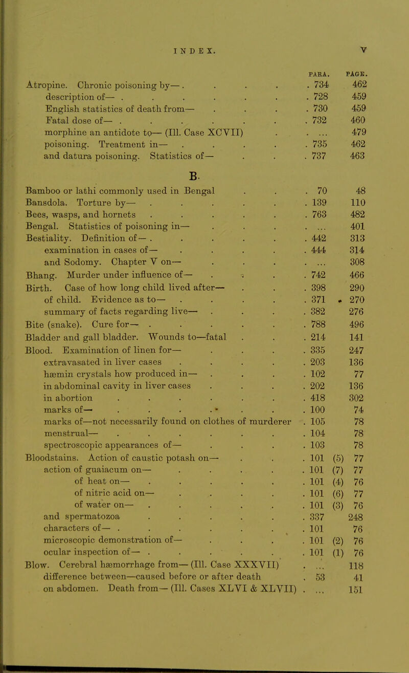 PAHA. PAGE. Atropine. Chronic poisoning by—.... . 734 462 description of— . . . ... . 728 459 English statistics of death from— . 730 459 Fatal dose of— ...... . 732 460 morphine an antidote to— (111. Case XCVTI) . 479 poisoning. Treatment in— .... . 735 462 and datura poisoning. Statistics of— . 737 463 Bamboo or lathi commonly used in Bengal . 70 48 Bansdola. Torture by— ..... . 139 110 Bees, wasps, and hornets ..... . 763 482 Bengal. Statistics of poisoning in— . ... 401 Bestiality. Definition of — . . 442 313 ... n examination m cases or— AAA . 444 314 and Sodomy. Chapter V on— OAO Bhang. Murder under influence of— . 742 A 466 Birth. Case of how long child lived after— . 398 290 t* I'll TTl • 1 J_ of child. Evidence as to— .... . 371 * 270 summary of facts regarding live- '276 Bite (snake). Cure for— ..... . 788 496 Bladder and gall bladder. Wounds to—fatal . 214 141 Blood. Examination of linen for— . 335 247 extravasated in liver cases .... . 203 136 haemin crystals how produced in— . 102 77 in abdominal cavity in liver cases . 202 136 in abortion ...... . 418 302 marks of— . . . . 100 74 marks of—not necessarily found on clothes of murderer . 105 78 menstrual— ...... . 104 78 spectroscopic appearances of— . 103 78 Bloodstains. Action of caustic potash on— . 101 (5) 77 action of guaiacum on— .... . 101 (7) 77 of heat on— ..... . 101 (4) 76 of nitric acid on— .... . 101 (6) 77 of water on— ..... . 101 (3) 76 and spermatozoa ..... . 337 248 characters of— . . 101 76 microscopic demonstration of— . 101 (2) 76 ocular inspection of— . . 101 (1) 76 Blow. Cerebral haemorrhage from— (111. Case XXXVII) * • • • 118 difference between—caused before or after death . 53 41 on abdomen. Death from— (111. Cases XLVI & XLVII) 151