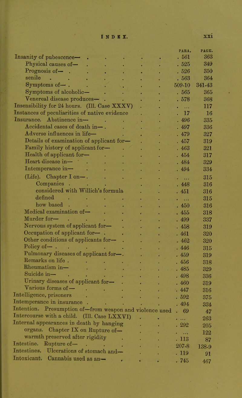 PARA. PAGE. Insanity of pubescence— ..... . 561 363 Physical causes of— ..... . 525 349 Prognosis of— ...... . 526 350 senile ....... . 563 364 Symptoms of— ...... 509-10 341-43 Symptoms of alcoholic— .... . 565 365 Venereal disease produces— .... . 578 368 Insensibility for 24 hours. (111. Case XXXV) . • • ■ * 117 Instances of peculiarities of native evidence . 17 16 Insurance. Abstinence in— .... . 496 335 Accidental cases of death in— . . 497 336 Adverse influences in life— . 479 327 Details of examination of applicant for— . 457 319 Family history of applicant for— . 463 321 Health of applicant for— .... . 454 317 Heart disease in—  . . 484 329 Intemperance in— ..... . 494 334 (Life). Chapter I on—..... • 315 Companies ... . . 448 316 considered with Willich's formula . 451 316 defined ...... • • * • 315 how based ...... . 450 316 Medical examination of— .... . 455 318 Murder for— ...... . 499 337 Nervous system of applicant for— . 458 319 Occupation of applicant for— .... . 461 320 Other conditions of applicants for— . . 462 320 Policy of— ....... . 446 315 Pulmonary diseases of applicant for—. . 459 319 Remarks on life ...... . 456 318 Rheumatism in— ..... . 485 329 Suicide in— ..... . 498 336 Urinary diseases of applicant for— . . 460 319 Various forms of — . 447 316 Intelligence, prisoners . ... . 592 375 Intemperance in insurance .... . 494 334 Intention. Presumption of—from weapon and violence used . 69 47 xiitert/Ourse witn a cniia. ^lii. Uase JjA.Ji.Vl) . • • ■ • 263 Internal appearances in death by hanging . 292 205 organs. Chapter IX on Rupture of— 122 warmth preserved after rigidity . 113 87 Intestine. Rupture of— 207-8 138-9 Intestines. Ulcerations of stomach and— . 119 91 467 Intoxicant. Cannabis used as an— . . , . 745