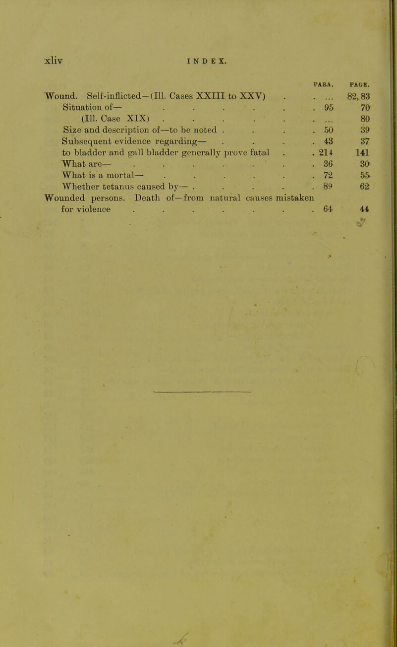 E ABA. PAGE. Wound. Self-inflicted-(111. Cases XXIII to XXV) 82,83 Situation of— ...... 95 70 (BEL Case XIX) 80 Size and description of—to be noted .... 50 39 Subsequent evidence regarding— .... 43 37 to bladder and gall bladder generally prove fatal 21 + 141 What are— ....... 36 30 What is a mortal— ...... 72 55 Whether tetanus caused by— ..... 89 62 Wounded persons. Death of—from natural causes mistaken for violence ....... 64 44 J'