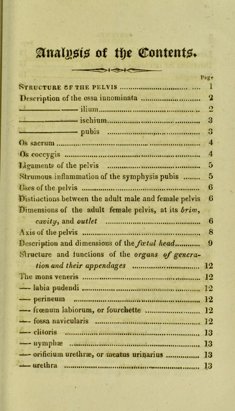 of tfje ©ontents* h Page Structure cf the pelvis .... 1 Description of the ossa innominata 2 — ilium 2 — ischium 3 pubis r 3 Os sacrum . 4 Os coccygis 4 Ligaments of the pelvis 5 Strumous inflammation of the symphysis pubis 5 Uses of the pelvis 6 Distinctions between the adult male and female pelvis G Dimensions of the adult female pelvis, at its brim, cavity, and outlet 6 Axis of the pelvis 8 Description and dimensions of the fcetal head 9 Structure and junctions of the organs of genera- tion and their appendages 12 The mons veneris 12 — labia pudendi 12 — perineum 12 froenum labiorum, or fourchette 12 fossa navicularis 12 clitoris 13 nymphae ; 13 —— orificium urethrae, or meatus urirjarius 13 1 urethra ............................ 13