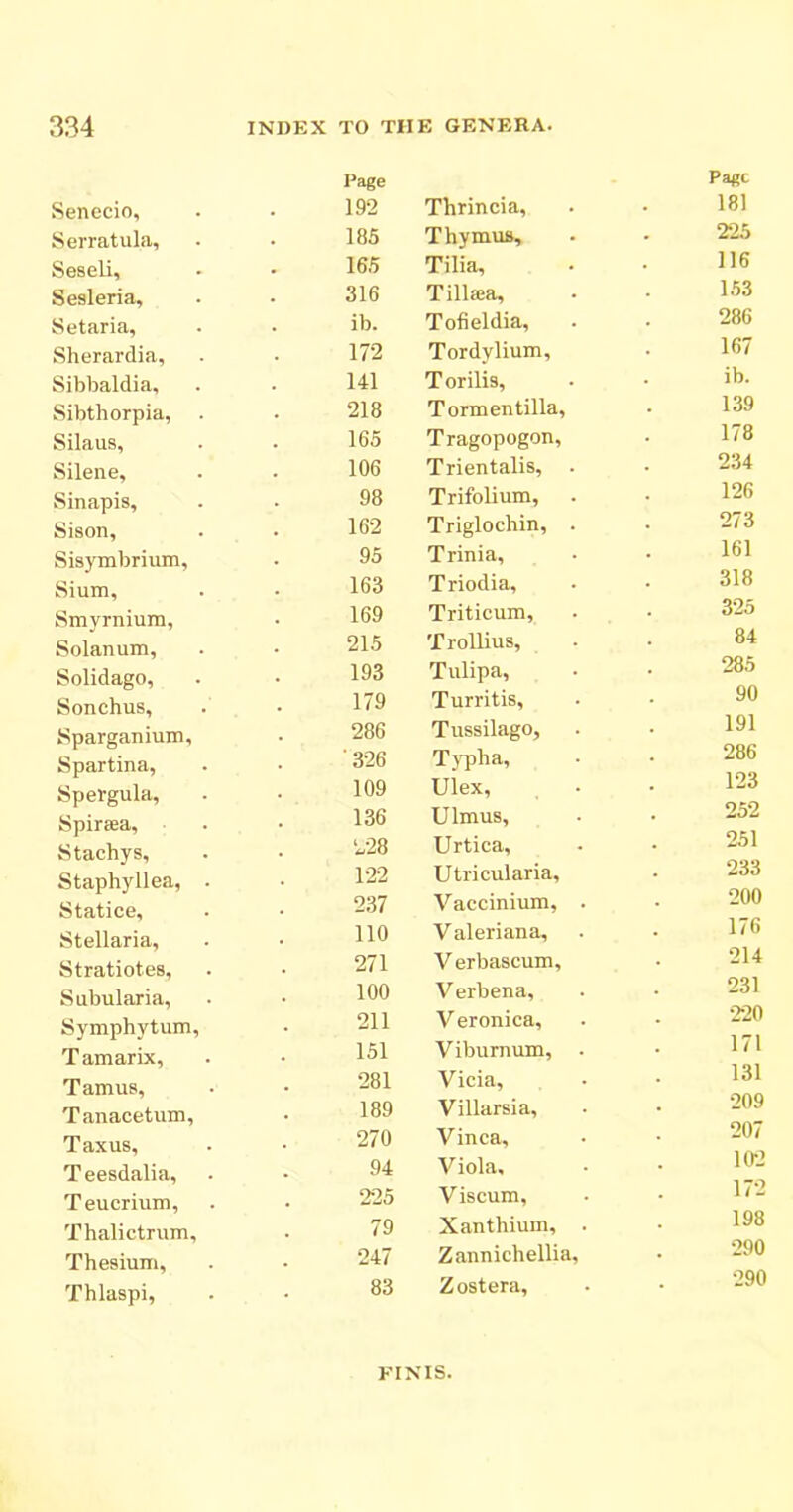 Senecio, ISerratula, Seseli, Sesleria, Setaria, Sherardia, Sibbaldia, Sibtliorpia, Silaus, Silene, Sinapis, Sison, Sisymbrium, Sium, Smyrnium, Solan um, Solidago, Sonchus, Sparganium, Spartina, Spergula, Spirsea, Stachys, Staphyllea, Statice, Stellaria, Stratiotes, Subularia, Symphytum, Tamarix, Tamus, Tanacetum, Taxus, Teesdalia, Teucrium, Thalictrum, Thesium, Thlaspi, Page 192 Thrincia, Page 181 185 Thymus, 225 165 Tilia, 116 316 Tillaja, 1.53 ib. Tofieldia, 286 172 Tordylium, 167 141 Torilis, ib. 218 Tormentilla, 139 165 Tragopogon, 178 106 Trientalis, 234 98 Trifolium, 126 162 Triglochin, . 273 95 Trinia, 161 163 Triodia, 318 169 Triticum, 325 215 Trollius, 84 193 Tulipa, 285 179 Turritis, 90 286 Tussilago, 191 '326 TjTjha, 286 109 Ulex, 123 136 Ulmus, 252 228 Urtica, 251 122 Utricularia, 233 237 Vaccinium, . 200 no V aleriana. 176 271 V erbascum. 214 100 Verbena, 231 211 V eronica. 220 151 Viburnum, . 171 281 Vicia, 131 189 Villarsia, 209 270 Vinca, 207 94 Viola, 102 225 Viscum, 172 79 Xanthium, . 198 247 Zannichellia, 290 83 Zostera, 290 FINIS.