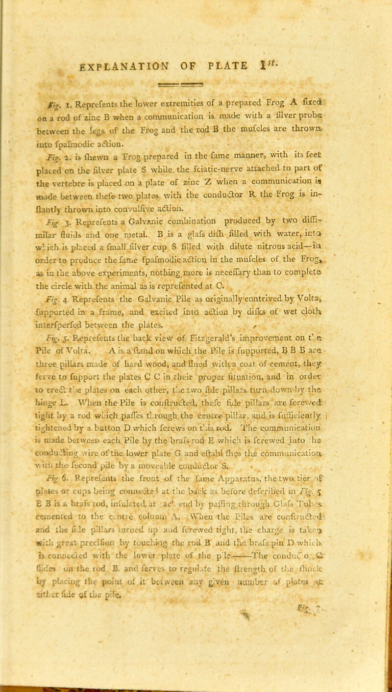 jfig. 1. Reprefents the lower eitreraities of a prepared Frog A fixed/ on a rod of zinc B when a communication is made with a filver probe between the kg* of the Frog and the rqd B the mufcles are thrown into fpafraodic aiftion. Fig. 1. is fliewn a Frog prepared in the fame manner, with Its feet placed on the filver plate S while, the. fciatic-necve attached to part of the vertebre is placed^n a plate of zinc Z when a communication ta made between thefe two plates- with the eonduaor R the Frog is in- ftantly thrown into convulfive adliou. Fig 3. Reprefents a Galvanic combinatioji produced by two diiH- milar fluids and one metal. B is a glafs difli filled with water, iutck which is placed a fmall filver cup S filled with dilute nitrous acid—'in. order to produce the fame fpafmodic adtion in the mufcles of the Frog^. as in the above experiments, nothing more is neceffary than to completss the circle with the animal as is reprefented at C. Fig. 4 Reprefents the Galvanic Pile as originally contrived by Voltaj fupporied in a frame, and excited into aiiUou by difks of wet cloth Lnterfperfed between the plates. r Fig. J. Reprefents the back view of, Fitzgerald's improvement on ti es Pile of Volta. A is a (land on whiclt the Pile is fupported, B B B ai'<5 - three pillars made of hard wood, and lined with, a coat of cement, they ferve to fuppurt the plates C C in their proper Utua.tion, and in oidec to erecl t'.;e plated on each other, the two fide pillara turn down by the hinge L. When the Pile is couftrui!bed, thefe fide pillars are fcrev.'cd- tight by a rod winch pafTes tl.rough. the centre pillar, and.is fuiricicatly i tightened by a button D which fcrews on t!us fod. The communication ia made between each Pile by the brafsrod E which is fcrewed juto hs condufliug ••vire of trie lo.wer plate G and eftabl fhcs tlie commuaicatiott v.\v., tl'e fwrond pile by a moveable couduiSLor S. Fig 6. Reprefents the front, of the fame Apparatus, the two. tier if plates or cups being conneOie;! at tlic back as before defcribed \n Fig. 5 £ 3 is a brafs tod, inlukted at ac'. end by paffing through.Glafs Tub :s cemented to the centre column A, .Wlien tlic Pibs are conftrudtcj', and the Cae pillars curoed up a.id fcrewed tight, the charge ia takri> «i:I: great precifion by touchkig the rod B and the brdls pin D whici). is conotued with the lower plajc of .the p'le.-rt^—^The conduiTo.;. C' Qides on the rod B. and ferves ^to regulate 'the flrcngth of tlie, flio'ck Ly placing the point of it between any given number uf platea t>t; sitl.erfule ftf the pile.