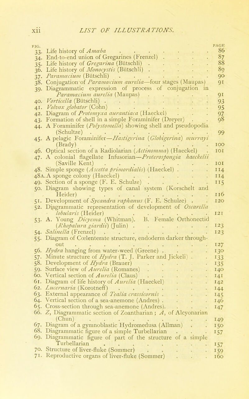 FIG. PAGE 33. Life history of Arnceba ....... 86 34. End-to-end union of Gregarines (Frenzel) .... 87 35. Life history of Gregarina (Btitschli) ..... 88 36. Life history of Monocystis (Btitschli) ..... 89 37. Paramcecium (Biitschli) ....... 90 38. Conjugation of Paramcecium aurelia—four stages (Manpas) 91 39. Diagrammatic expression of process of conjugation in Paramcecium aurelia (Maupas) ..... 91 40. Vorticella (Biitschli) ........ 93 41. Volvox globator (Cohn) ....... 95 42. Diagram of Protomyxa aurantiaca (Haeckel) ... 97 43. Formation of shell in a simple Foraminifer (Dreyer) . . 98 44. A Foraminifer (Polystomella) showing shell and pseudopodia (Schultze) ......... 99 45. A pelagic Foraminifer—Hastigerina (Globigerina) murrayi (Brady) ......... 100 46. Optical section of a Radiolarian {Actinomma) (Haeckel) . 101 47. A colonial flagellate Infusorian—Proterospongia haeckelii (Saville Kent) . . . . . . . 101 48. Simple sponge {Ascetta primordialis) (Haeckel) . . .114 48A. A sponge colony (Haeckel) . . . . . .114 49. Section of a sponge (F. E. Schulze) . . . . 115 50. Diagram showing types of canal system (Korschelt and Heider) . . . . . . . . .116 51. Development of Sycandra raphanus (F. E. Schulze) . .120 52. Diagrammatic representation of development of Oscarella lobularis (Heider) . . . . . . .121 53. A. Young Dicyema (Whitman). B. Female Orthonectid (Rhopalura giardii) (Julin) . . . . . .123 54. Salinella (Frenzel) . . . . . . . .123 55. Diagram of Coelenterate structure, endoderm darker through- out . . . . . . . . . .127 56. Hydra hanging from water-weed (Greene) . . . .130 57. Minute structure of Hydra (T. J. Parker and Jickeli) . . 133 58. Development of Hydra (Brauer) ... . 135 59. Surface view of Aurelia (Romanes) . . . . .140 60. Vertical section of Aurelia (Claus) . . . . .141 61. Diagram of life history of Aurelia (Haeckel) . . . 142 62. Lucernana (Korotneff) ....... 144 63. External appearance of Tealia crassicomis .... 145 64. Vertical section of a sea-anemone (Andres) . . . . 146 65. Cross-section through sea-anemone (Andres). . . . 147 66. Z, Diagrammatic section of Zoantharian ; A, of Alcyonarian (Chun) ......... 149 67. Diagram of a gymnoblastic Hydromedusa (Allman) . .150 68. Diagrammatic figure of a simple Titrbellarian . . . 157 69. Diagrammatic figure of part of the structure of a simple Turbellarian . . . . . . . 157 70. Structure of liver-fluke (Sommer) ..... 159 71. Reproductive organs of liver-fluke (Sommer) . . . 160