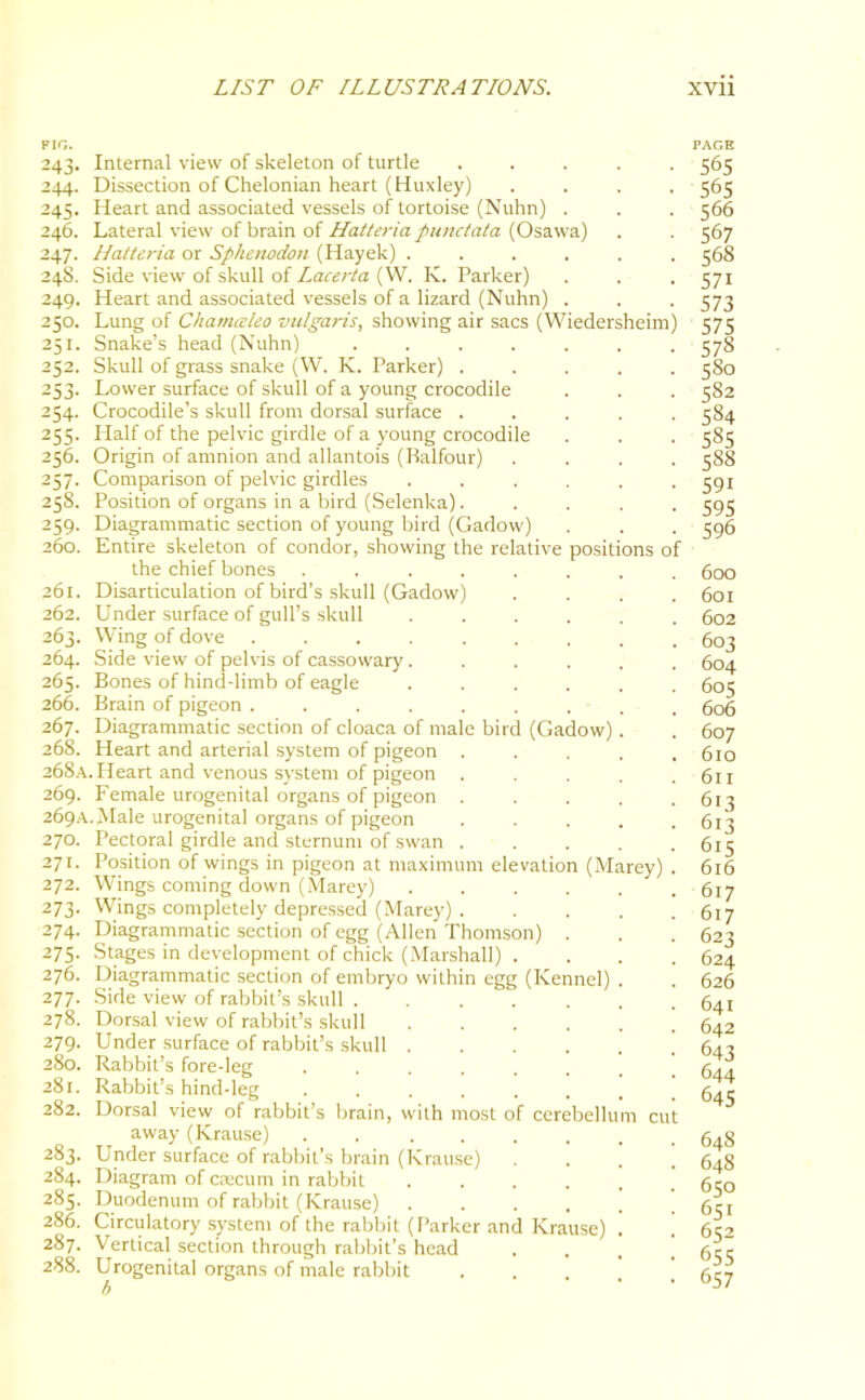 FIG. 243- 244. 245- 246. 247. 245. 249. 250. 251. 252. 253- 254. 255- 256. 257. 258. 259- 260. 261. 262. 263. 264. 265. 266. 267. 268. 268a, 269. 269A 270. 271. 272. 273- 274. 275- 276. 277. 278. 279. 280. 281. 282. 253. 284. 285. 286. 287. 288. Internal view of skeleton of turtle Dissection of Chelonian heart (Huxley) Heart and associated vessels of tortoise (Nuhn) . Lateral view of brain of Hatteria punctata (Osawa) Hatteria or Sphenodon (Hayek) .... Side view of skull of Lacerta (W. K. Parker) Heart and associated vessels of a lizard (Nuhn) . Lung of Chamcdeo vulgaris, showing air sacs (Wiedersheim) Snake’s head (Nuhn) .... Skull of grass snake (W. K. Parker) . Lower surface of skull of a young crocodile Crocodile’s skull from dorsal surface . Half of the pelvic girdle of a young crocodile Origin of amnion and allantois (Balfour) Comparison of pelvic girdles Position of organs in a bird (Selenka). Diagrammatic section of young bird (Gadow) Entire skeleton of condor, showing the relative positions of the chief bones .... Disarticulation of bird’s skull (Gadow) Under surface of gull’s skull Wing of dove Side view of pelvis of cassowary Bones of hind-limb of eagle Brain of pigeon . Diagrammatic section of cloaca of male bird (Gadow) Heart and arterial system of pigeon . Heart and venous system of pigeon Female urogenital organs of pigeon . .Male urogenital organs of pigeon Pectoral girdle and sternum of swan . Position of wings in pigeon at maximum elevation (Marey) Wings coming down (Marey) .... Wings completely depressed (Marey) . Diagrammatic section of egg (Allen Thomson) . Stages in development of chick (Marshall) . Diagrammatic section of embryo within egg (Kennel) Side view of rabbit’s skull ..... Dorsal view of rabbit’s skull .... Under surface of rabbit’s skull .... Rabbit’s fore-leg ...... Rabbit’s hind-leg ...... Dorsal view of rabbit’s brain, with most of cerebellu away (Krause) . . .... Under surface of rabbit's brain (Krause) Diagram of caecum in rabbit .... Duodenum of rabbit (Krause) .... Circulatory system of the rabbit (Parker and Krause) Vertical section through rabbit’s head Urogenital organs of male rabbit b m cut PAGE 565 565 566 567 568 57i 573 575 578 580 582 584 585 588 59i 595 596 600 601 602 603 604 60 s 606 607 610 611 6i3 613 615 616 617 617 623 624 626 641 642 643 644 645 648 648 650 651 652 655 657