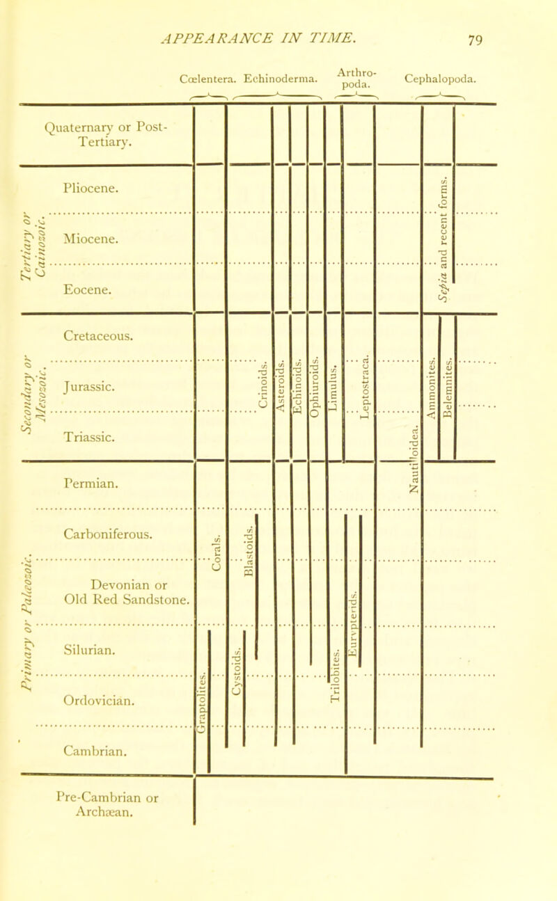 Coelentera. Echinoderma. Arthro- poda. Cephalopoda. Quaternary or Post- Tertian'. Pliocene. Miocene. .« S Eocene. <0 Permian. w ►J b Carboniferous. O Devonian or Old Red Sandstone. co Silurian. Ordovician. U Cambrian. u Pre-Cambrian or Archaean. Belemnites. Setia and recent forms~