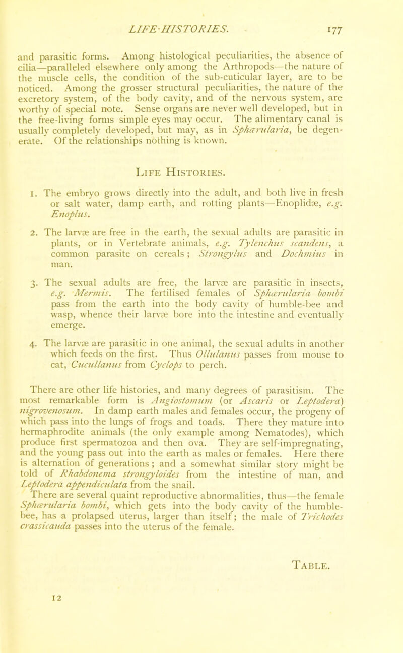 and parasitic forms. Among histological peculiarities, the absence of cilia—paralleled elsewhere only among the Arthropods—the nature of the muscle cells, the condition of the sub-cuticular layer, are to be noticed. Among the grosser structural peculiarities, the nature of the excretory system, of the body cavity, and of the nervous system, are worthy of special note. Sense organs are never well developed, but in the free-living forms simple eyes may occur. The alimentary canal is usually completely developed, but may, as in Spharnlaria, be degen- erate. Of the relationships nothing is known. Life Histories. 1. The embryo grows directly into the adult, and both live in fresh or salt water, damp earth, and rotting plants—Enoplidae, e.g. Enoplus. 2. The larvae are free in the earth, the sexual adults are parasitic in plants, or in Vertebrate animals, e.g. Tylenchus scan dens, a common parasite on cereals; Strongylus and Dochmius in man. 3. The sexual adults are free, the larvae are parasitic in insects, e.g. Mermis. The fertilised females of Sphcerularia bombi pass from the earth into the body cavity of humble-bee and wasp, whence their larva; bore into the intestine and eventually emerge. 4. The larvae are parasitic in one animal, the sexual adults in another which feeds on the first. Thus Ollulanus passes from mouse to cat, Cucullanus from Cyclops to perch. There are other life histories, and many degrees of parasitism. The most remarkable form is Angiostomum (or Asian's or Leptodera) nigrovenosum. In damp earth males and females occur, the progeny of which pass into the lungs of frogs and toads. There they mature into hermaphrodite animals (the only example among Nematodes), which produce first spermatozoa and then ova. They are self-impregnating, and the young pass out into the earth as males or females. Here there is alternation of generations ; and a somewhat similar story might be told of Rhabdonema slrongyloides from the intestine of man, and Leptodera appendiculata from the snail. There are several quaint reproductive abnormalities, thus—the female Sphcerularia bombi, which gets into the bod)- cavity of the humble- bee, has a prolapsed uterus, larger than itself; the male of Trichodes crassicauda passes into the uterus of the female. Table. 12
