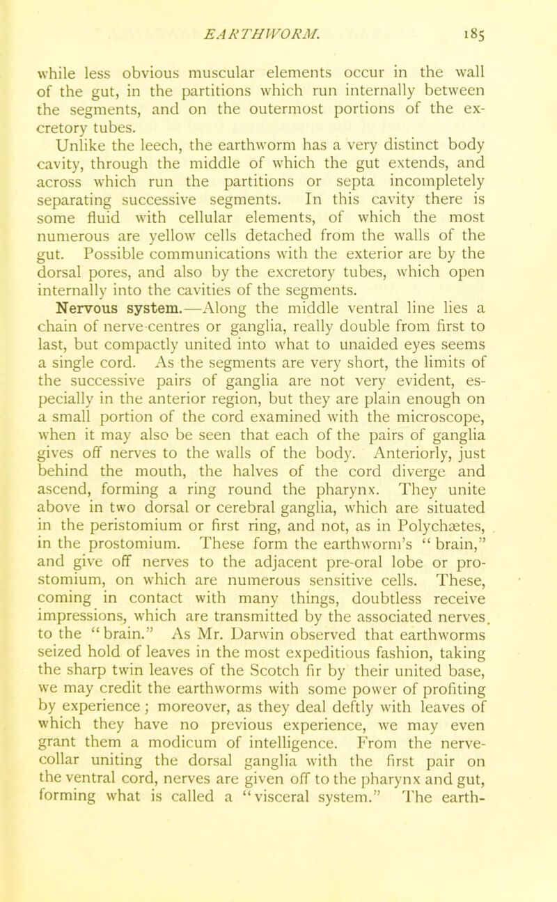 ■while less obvious muscular elements occur in the wall of the gut, in the partitions which run internally between the segments, and on the outermost portions of the ex- cretory tubes. Unlike the leech, the earthworm has a very distinct body cavity, through the middle of which the gut extends, and across which run the partitions or septa incompletely separating successive segments. In this cavity there is some fluid with cellular elements, of which the most numerous are yellow cells detached from the walls of the gut. Possible communications with the exterior are by the dorsal pores, and also by the excretory tubes, which open internally into the cavities of the segments. Nervous system.—Along the middle ventral line lies a chain of nerve-centres or ganglia, really double from first to last, but compactly united into what to unaided eyes seems a single cord. As the segments are very short, the limits of the successive pairs of ganglia are not very evident, es- pecially in the anterior region, but they are plain enough on a small portion of the cord examined with the microscope, when it may also be seen that each of the pairs of ganglia gives off nerves to the walls of the body. Anteriorly, just behind the mouth, the halves of the cord diverge and ascend, forming a ring round the pharynx. They unite above in two dorsal or cerebral ganglia, which are situated in the peristomium or first ring, and not, as in Polychsetes, in the prostomium. These form the earthworm’s “ brain,” and give off nerves to the adjacent pre-oral lobe or pro- stomium, on which are numerous sensitive cells. These, coming in contact with many things, doubtless receive impressions, which are transmitted by the associated nerves, to the “brain.” As Mr. Darwin observed that earthworms seized hold of leaves in the most expeditious fashion, taking the sharp twin leaves of the Scotch fir by their united base, we may credit the earthworms with some power of profiting by experience; moreover, as they deal deftly with leaves of which they have no previous experience, we may even grant them a modicum of intelligence. From the nerve- collar uniting the dorsal ganglia with the first pair on the ventral cord, nerves are given off to the pharynx and gut, forming what is called a “visceral system.” The earth-