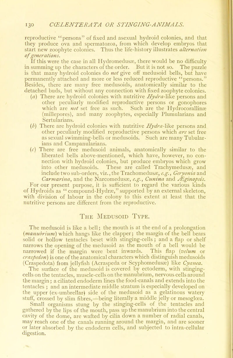 reproductive persons of fixed and asexual hydroid colonies, and that they produce ova and spermatozoa, from which develop embryos that start new zoophyte colonies. Thus the life-history illustrates alternation of generations. If this were the case in all Hydromedusse, there would be no difficulty in summing up the characters of the order. But it is not so. The puzzle is that many hydroid colonies do not give off medusoid bells, but have permanently attached and more or less reduced reproductive persons. Besides, there are many free medusoids, anatomically similar to the detached buds, but without any connection with fixed zoophyte colonies. {a) There are hydroid colonies with nutritive Hydra-\\k& persons and other peculiarly modified re]5roductive persons or gonophores which are not set free as such. Such are the Hydrocorallinae (millepores), and many zoophytes, especially Plumularians and Sertularians. (b) There are hydroid colonies with nutritive Hydni-X^\!.& persons and other peculiarly modified reproductive persons which are set free as sexual swimming-bells or medusoids. Such are many Tubular- ians and Campanularians. (c) There are free medusoid animals, anatomically similar to the liberated bells above-mentioned, which have, however, no con- nection with hydroid colonies, but produce embiyos which grow into other medusoids. These are called Trachymedusre, and include two sub-orders, viz., the Trachomedusie, e.g., Geryonia and Car7)!arina, and the Narcomedusae, e.g., Cunina and Aiginopsis. For our present purpose, it is sufficient to regard the various kinds of Hydroids as  compound-Hydrse, supported by an external skeleton, with division of labour in the colony to this extent at least that the nutritive persons are different from the reproductive. The Medusoid Type. The medusoid is like a bell; the mouth is at the end of a prolongation {manubrium) which hangs like the clapper; the margin of the bell bears solid or hollow tentacles beset with stinging-cells; and a flap or shelf narrows the opening of the medusoid as the mouth of a bell would be narrowed if the margin were bent inwards. This flap {velum or craspedon] is one of the anatomical characters which distinguish medusoids (Craspedota) fiom jellyfish (Acraspeda or ScyphomedusK) like Cyanca. The surface of the medusoid is covered by ectoderm, with stinging- cells on the tentacles, muscle-cells on the manubrium, nervous cells around the margin; a ciliated endodenn lines the food-canals and extends into the tentacles ; and an intermediate middle stratum is especially developed on the upper (ex-umbrellar) side of the medusoid as a gelatinous watery stuff, crossed by slim fibres,—being literally a middle jelly or mesoglcca. Small organisms stung by the stinging-cells of the tentacles and gathered by the lips of the mouth, pass up the manubrium into the central cavity of the dome, arc wafted by cilia down a number of radial canals, may reach one of the canals running around the margin, and are sooner or later absorbed by the endoderm cells, and subjected to intra-cellular digestion.