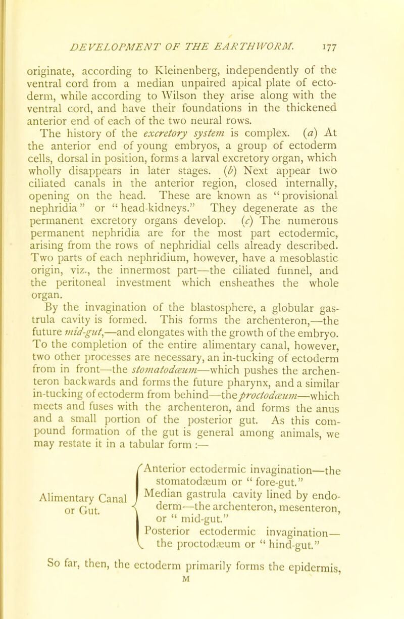 originate, according to Kleinenberg, independently of the ventral cord from a median unpaired apical plate of ecto- derm, while according to Wilson they arise along with the ventral cord, and have their foundations in the thickened anterior end of each of the two neural rows. The history of the excretory system is complex, (a) At the anterior end of young embryos, a group of ectoderm cells, dorsal in position, forms a larval excretory organ, which wholly disappears in later stages, {p) Next appear two ciliated canals in the anterior region, closed internally, opening on the head. These are known as provisional nephridia or head-kidneys. They degenerate as the permanent excretory organs develop, (c) The numerous permanent nephridia are for the most part ectodermic, arising from the rows of nephridial cells already described. Two parts of each nephridium, however, have a mesoblastic origin, viz., the innermost part—the ciliated funnel, and the peritoneal investment which ensheathes the whole organ. By the invagination of the blastosphere, a globular gas- trula cavity is formed. This forms the archenteron,—the future mid-gut.,—and elongates with the growth of the embryo. To the completion of the entire alimentary canal, however, two other processes are necessary, an in-tucking of ectoderm from in front—the stomatodceum—which pushes the archen- teron backwards and forms the future pharynx, and a similar in-tucking of ectoderm from behind—theprododceum—which meets and fuses with the archenteron, and forms the anus and a small portion of the posterior gut. As this com- pound formation of the gut is general among animals, we may restate it in a tabular form {Anterior ectodermic invagination—the stomatodreum or fore-gut. Median gastrula cavity lined by endo- derm—the archenteron, mesenteron, or mid-gut. Posterior ectodermic invagination the proctodieum or hind-gut. So far, then, the ectoderm primarily forms the epidermis M '