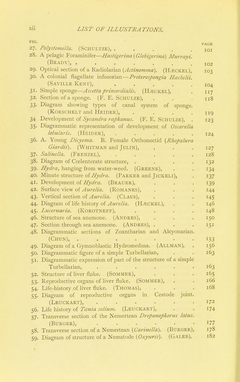 FIG. PAGE 27. Polystomella. (Schultze), ..... 101 28. A pelagic Foraminifer—Basitgerma(Globigerma) Miirrayi. (Brady), ....... 102 29. Optical section of a Radiolarian [Acthiomma). (HjECKEl), 103 30. A colonial flagellate infusorian—Proterospongia Hackelii. (Saville Kent), ..... 104 31. Simple sponge—Ascettapriniordialis. (H/ECKEL), . 117 32. Section of a sponge. (F. E. Schulze), . . . 118 33- Dia gram showing types of canal system of sponge. (KoRSCHELT and Heider), . . . .119 34 Development of Sycandra raphanus. (F. E. Schulze), . 123 35. Diagrammatic representation of development of Oscarella lobularis. (Heider), ..... 124 36. A. Young Dicyema. B. Female Orthonectid {Rlwpahira Giardii). (Whitman and Jdlin), , . . 127 37. Salinelta. (Frenzel), ..... 128 38. Diagram of Coslenterate structure, . . . .132 39. Hydra, hanging from water-weed. (Greene), . . 134 40. Minute structure of/(j'rt'ra. (Parker and JicKELi), . 137 41. Development of(Brauer), . . . 139 42. Surface view of ^?«'e/«^z. (Romanes), . . . 144 43. Vertical section of Aurelia. (Glaus), . . . 145 44. Diagram of life history of (H/1£CKEL), . . 146 45. Lucernaria. (Korotneff), .... 148 46. Structure of sea anemone. (Andres), . . . 150 47. Section through sea anemone. (Andres), . . . 151 48. Diagrammatic sections of Zoantharian and Alcyonarian. (Ghun), ....... 153 49. Diagram of a Gymnoblastic Hydromedusa. (Allman), . 156 50. Diagrammatic figure of a simple Turbellarian, . . 163 51. Diagrammatic expression of part of the structure of a simple Turbellarian, ...... 163 52. Structure of liver fluke. (Sommer), . . .165 53. Reproductive organs of liver fluke. (Sommer), . . 166 54. Life-history of liver fluke. (Thomas), . . .168 55. Diagram of reproductive organs in Gestode joint. (Leuckart), . . . . • .172 56. Life history of Tcenia solium. (Leuckart), . . 174 57. Transverse section of the Nemertean Drepanophorus latus. (Burger), ...... i77 58. Transverse section of a Nemertean [Carinella). (Burger), 178 59. Diagram of structure of a Nematode [Oxyuris). (Galeb), 182