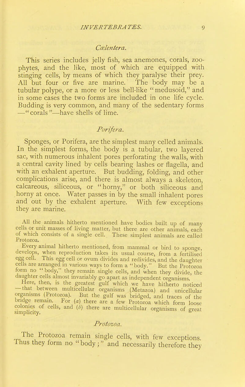 Ccelentera. This series includes jelly fish, sea anemones, corals, zoo- phytes, and the like, most of which are equipped with stinging cells, by means of which they paralyse their prey. All but four or five are marine. The body may be a tubular polype, or a more or less bell-like medusoid, and in some cases the two forms are included in one life cycle. Budding is very common, and many of the sedentary forms ■—corals—have shells of lime. Porifera. Sponges, or Porifera, are the simplest many celled animals. In the simplest forms, the body is a tubular, two layered sac, with numerous inhalent pores perforating the walls, with a central cavity lined by cells bearing lashes or flagella, and with an exhalent aperture. But budding, folding, and other complications arise, and there is almost always a skeleton, calcareous, siliceous, or horny, or both siliceous and horny at once. Water passes in by the small inhalent pores and out by the exhalent aperture. With few exceptions they are marine. All the animals hitherto mentioned have bodies built up of many cells or unit masses of living matter, but there are other animals, each of which consists of a single cell. These simplest animals are called Protozoa. Every animal hitherto mentioned, from mammal or bird to sponge, develops, when reproduction takes its usual course, from a fertilised egg cell. This egg cell or ovum divides and redivides, and the daughter cells are arranged in various ways to form a body. But the Protozoa form no  body, they remain single cells, and when they divide, the daughter cells almost invariably go apart as independent organisms. Here, then, is the greatest gulf which we have hitherto noticed — that between multicellular organisms (Metazoa) and unicellular organisms (Protozoa). But the gulf was bridged, and traces of the bridge remain For {a) there are a few Protozoa which form loose colonies of cells, and {b) there are multicellular organisms of ereat simplicity.  ^ Protozoa. The Protozoa remain single cells, with few exceptions Thus they form no  body ; and necessarily therefore they