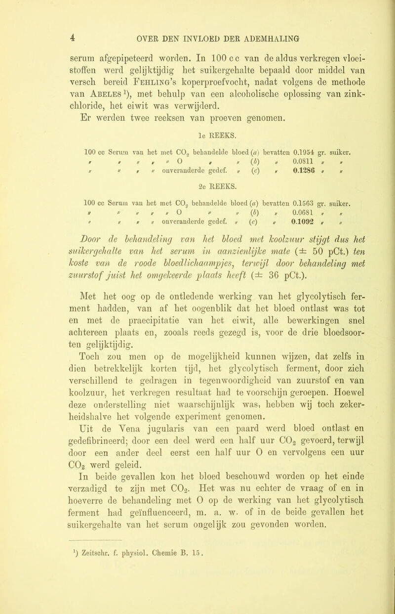serum afgepipeteerd worden. In 100 cc van de aldus verkregen vloei- stoffen werd gelijktijdig het suikergehalte bepaald door middel van versch bereid Fehling’s koperproefvocht, nadat volgens de methode van Abeles met behulp van een alcoholische oplossing van zink- chloride, het eiwit was verwijderd. Er werden twee reeksen van proeven genomen. Ie REEKS. 100 cc Serum van het met C02 behandelde bloed (d) bevatten 0.1954 gr. suiker. H tt H H U O jr // (V) H 0.0811 // U H  H u onveranderde gedef. ,/ (c) * 0.1286 u h 2e REEKS. 100 cc Serum van het met C02 behandelde bloed {a) bevatten 0.1563 gr. suiker. // » U U H O n // (5) // 0.0681 !/ U n u H u onveranderde gedef. n (c) u 0.1092 u u Door de behandeling van het bloed met koolzuur stijgt dus het suikergehalte van het serum in aanzienlijke mate (± 50 pCt.) ten koste van de roode bloedlichaampjes, terwijl door behandeling met zuurstof juist het omgekeerde plaats heeft (± 36 pCt.). Met het oog op de ontledende werking van het glycolytisch fer- ment hadden, van af het oogenblik dat het bloed ontlast was tot en met de praecipitatie van het eiwit, alle bewerkingen snel achtereen plaats en, zooals reeds gezegd is, voor de drie bloedsoor- ten gelijktijdig. Toch zou men op de mogelijkheid kunnen wijzen, dat zelfs in dien betrekkelijk korten tijd, het glycolytisch ferment, door zich verschillend te gedragen in tegenwoordigheid van zuurstof en van koolzuur, het verkregen resultaat had te voorschijn geroepen. Hoewel deze onderstelling niet waarschijnljk was, hebben wij toch zeker- heidshalve het volgende experiment genomen. Uit de Yena jugularis van een paard werd bloed ontlast en gedefibrineerd; door een deel werd een half uur C02 gevoerd, terwijl door een ander deel eerst een half uur O en vervolgens een uur C02 werd geleid. In beide gevallen kon het bloed beschouwd worden op het einde verzadigd te zpn met CO2. Het was nu echter de vraag of en in hoeverre de behandeling met O op de werking van het glycolytisch ferment had geïnfluenceerd, m. a. w. of in de beide gevallen het suikergehalte van het serum ongelijk zou gevonden worden. !) Zeitscbr. f. physiol. Chemie B. 15.