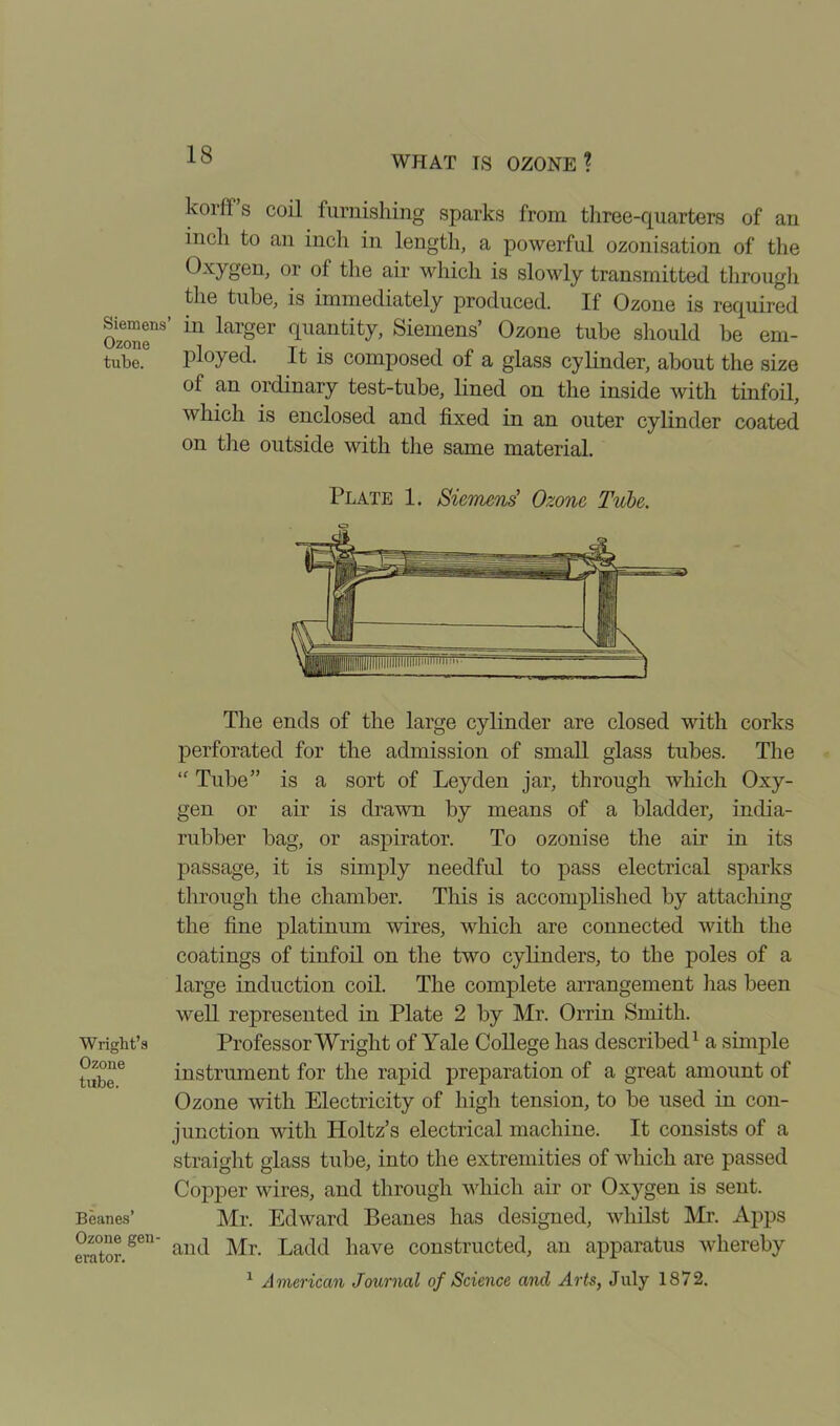 korfl s coil furnishing sparks from three-quarters of an inch to an inch in length, a powerful ozonisation of the Oxygen, or of the air which is slowly transmitted through the tube, is immediately produced. If Ozone is required Ozone118' iu larger duantity> Siemens’ Ozone tube should be ern- tube. ployed. It is composed of a glass cylinder, about the size of an ordinary test-tube, lined on the inside with tinfoil, which is enclosed and fixed in an outer cylinder coated on the outside with the same material. Plate 1. Siemens’ Ozone Tube. Wright’s Ozone tube. Beanes’ Ozone gen- erator. The ends of the large cylinder are closed with corks perforated for the admission of small glass tubes. The “ Tube” is a sort of Leyden jar, through which Oxy- gen or air is drawn by means of a bladder, india- rubber bag, or aspirator. To ozonise the air in its passage, it is simply needful to pass electrical sparks through the chamber. This is accomplished by attaching the fine platinum wires, which are connected with the coatings of tinfoil on the two cylinders, to the poles of a large induction coil. The complete arrangement has been well represented in Plate 2 by Mr. Orrin Smith. Professor Wright of Yale College has described1 a simple instrument for the rapid preparation of a great amount of Ozone with Electricity of high tension, to be used in con- junction with Holtz’s electrical machine. It consists of a straight glass tube, into the extremities of which are passed Copper wires, and through which air or Oxygen is sent. Mr. Edward Beanes has designed, whilst Mr. Apps and Mr. Ladd have constructed, an apparatus whereby 1 American Journal of Science and Arts, July 1872.