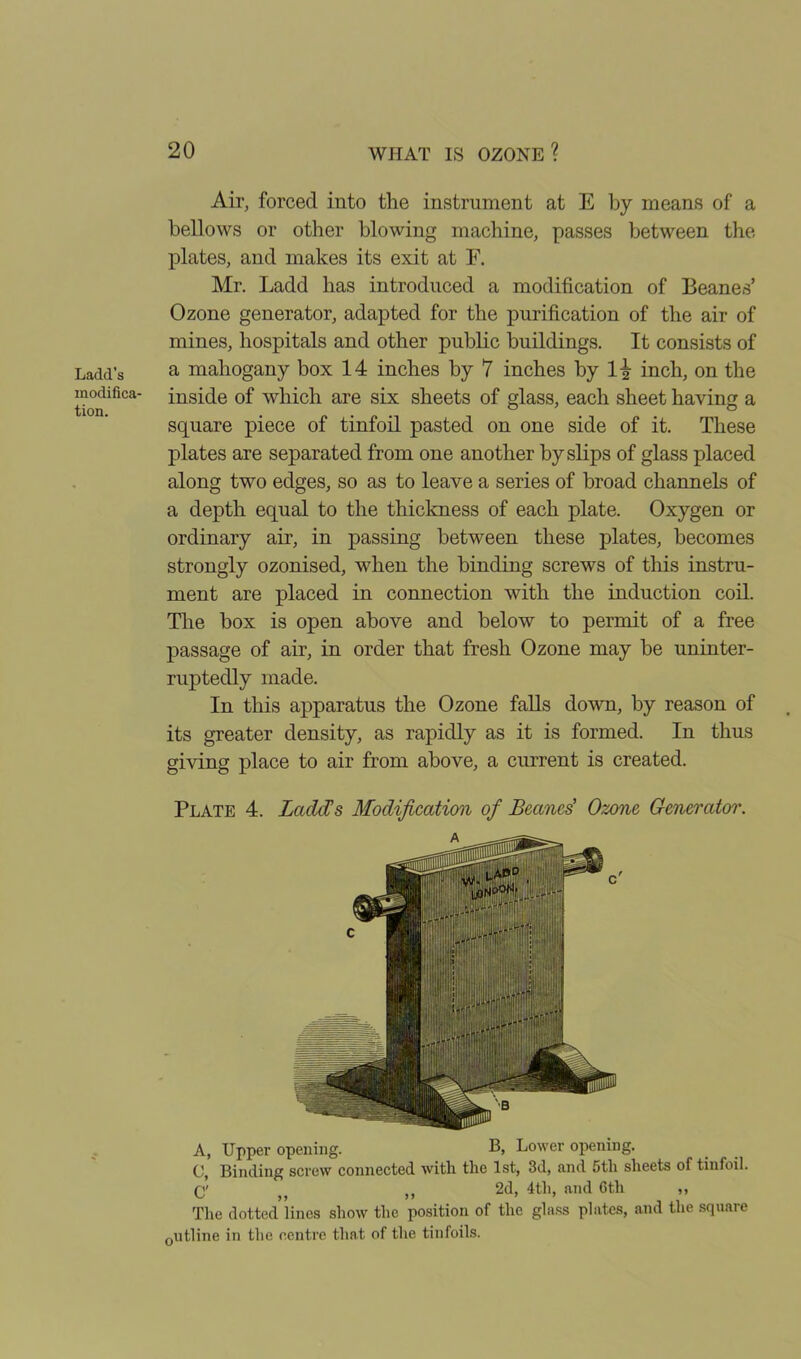 Ladd’s modifica- tion. Air, forced into the instrument at E by means of a bellows or other blowing machine, passes between the plates, and makes its exit at F. Mr. Ladd has introduced a modification of Beanes’ Ozone generator, adapted for the purification of the air of mines, hospitals and other public buildings. It consists of a mahogany box 14 inches by 7 inches by li inch, on the inside of which are six sheets of glass, each sheet having a square piece of tinfoil pasted on one side of it. These plates are separated from one another by slips of glass placed along two edges, so as to leave a series of broad channels of a depth equal to the thickness of each plate. Oxygen or ordinary air, in passing between these plates, becomes strongly ozonised, when the binding screws of this instru- ment are placed in connection with the induction coil. The box is open above and below to permit of a free passage of air, in order that fresh Ozone may he uninter- ruptedly made. In this apparatus the Ozone falls down, by reason of its greater density, as rapidly as it is formed. In thus giving place to air from above, a current is created. Plate 4. Ladds Modification of Beanes’ Ozone Generator. A, Upper opening. B, Lower opening. 0, Binding screw connected with the 1st, 3d, and 5th sheets of tinfoil. Q1 tt 2d, 4th, and Gth ,, The dotted lines show the position of the glass plates, and the square 0utline in the centre that of the tinfoils.