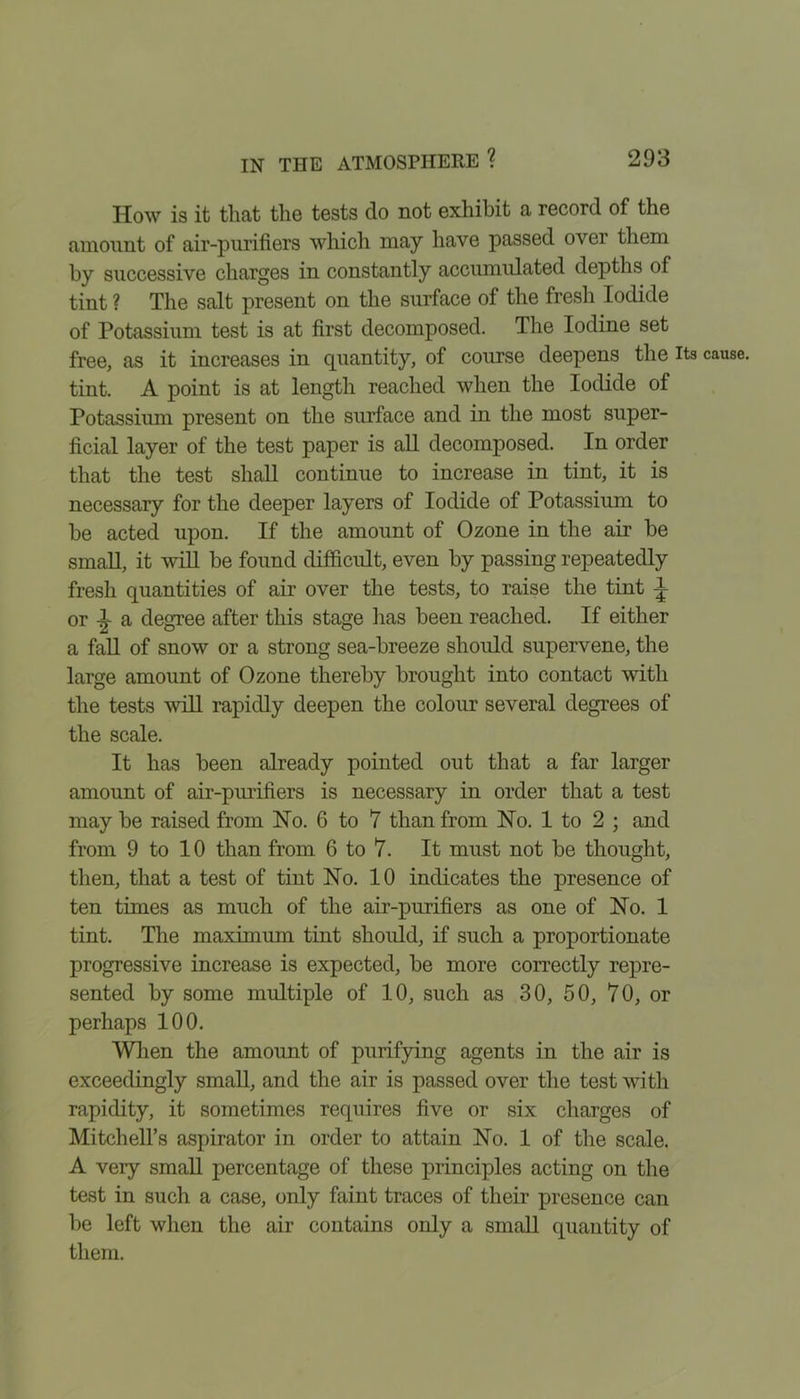 How is it that the tests do not exhibit a record of the amount of air-purifiers which may have passed over them by successive charges in constantly accumulated depths of tint ? The salt present on the surface of the fresh Iodide of Potassium test is at first decomposed. The Iodine set free, as it increases in quantity, of course deepens the its tint. A point is at length reached when the Iodide of Potassium present on the surface and in the most super- ficial layer of the test paper is all decomposed. In order that the test shall continue to increase in tint, it is necessary for the deeper layers of Iodide of Potassium to be acted upon. If the amount of Ozone in the air be small, it will be found difficult, even by passing repeatedly fresh quantities of air over the tests, to raise the tint J or a degree after this stage has been reached. If either a fall of snow or a strong sea-breeze should supervene, the large amount of Ozone thereby brought into contact with the tests will rapidly deepen the colour several degrees of the scale. It has been already pointed out that a far larger amount of air-purifiers is necessary in order that a test may be raised from No. 6 to 7 than from No. 1 to 2 ; and from 9 to 10 than from 6 to 7. It must not be thought, then, that a test of tint No. 10 indicates the presence of ten times as much of the air-purifiers as one of No. 1 tint. The maximum tint should, if such a proportionate progressive increase is expected, be more correctly repre- sented by some multiple of 10, such as 30, 50, 70, or perhaps 100. When the amount of purifying agents in the air is exceedingly small, and the air is passed over the test with rapidity, it sometimes requires five or six charges of Mitchell’s aspirator in order to attain No. 1 of the scale. A very small percentage of these principles acting on the test in such a case, only faint traces of their presence can be left when the air contains only a small quantity of them.