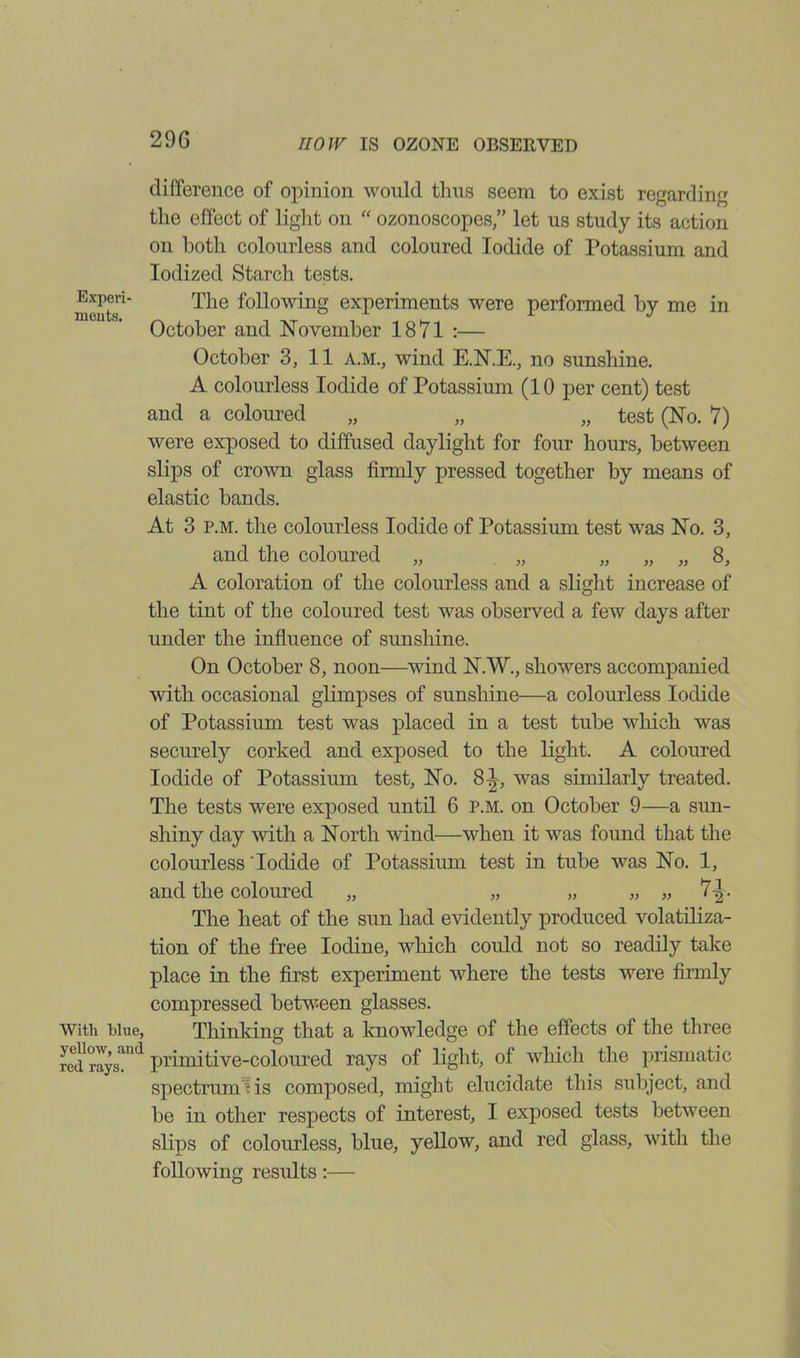 difference of opinion would thus seem to exist regarding the effect of light on “ ozonoscopes,” let us study its action on both colourless and coloured Iodide of Potassium and Iodized Starch tests. incuts1 The foUo™S experiments were performed by me in October and November 1871 :— October 3, 11 A.M., wind E.N.E., no sunshine. A colourless Iodide of Potassium (10 per cent) test and a coloured „ „ „ test (No. 7) were exposed to diffused daylight for four hours, between slips of crown glass firmly pressed together by means of elastic bands. At 3 p.m. the colourless Iodide of Potassium test was No. 3, and the coloured „ „ „ „ „ 8, A coloration of the colourless and a slight increase of the tint of the coloured test was observed a few days after under the influence of sunshine. On October 8, noon—wind N.W., showers accompanied with occasional glimpses of sunshine—a colourless Iodide of Potassium test was placed in a test tube which was securely corked and exposed to the light. A coloured Iodide of Potassium test, No. 8-|, was similarly treated. The tests were exposed until 6 p.m. on October 9—a sun- shiny day with a North wind—when it was found that the colourless'Iodide of Potassium test in tube was No. 1, and the coloured „ „ „ „ „ 7-|. The heat of the sun had evidently produced volatiliza- tion of the free Iodine, which could not so readily take place in the first experiment where the tests were firmly compressed between glasses. With blue, Thinking that a knowledge of the effects of the three red rays!'1*1 primitive-coloured rays of light, of ‘which the prismatic spectrum! is composed, might elucidate this subject, and be in other respects of interest, I exposed tests between slips of colourless, blue, yellow, and red glass, with the following results:—