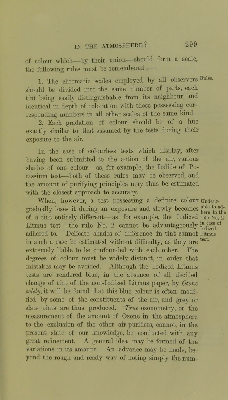 of colour which—by their union.—should form a scale, the following rules must be remembered :— 1. The chromatic scales employed by all observers Rules- should be divided into the same number of parts, each tint being easily distinguishable from its neighbour, and identical in depth of coloration with those possessing cor- responding numbers in all other scales of the same kind. 2. Each gradation of colour should be of a hue exactly similar to that assumed by the tests during their exposure to the air. In the case of colourless tests which display, after having been submitted to the action of the air, various shades of one colour—as, for example, the Iodide of Po- tassium test—both of these rules may be observed, and the amount of purifying principles may thus be estimated with the closest approach to accuracy. When, however, a test possessing a definite colour Undesir- gradually loses it during an exposure and slowly becomes ^ of a tint entirely different—as, for example, the Iodized rule No. 2 Litmus test—the ride No. 2 cannot be advantageously of adhered to. Delicate shades of difference in tint cannot Litmus in such a case be estimated without difficulty, as they are test' extremely liable to be confounded with each other. The degrees of colour must be widely distinct, in order that mistakes may be avoided. Although the Iodized Litmus tests are rendered blue, in the absence of all decided change of tint of the non-Iodized Litmus paper, by Ozone solely, it will be found that this blue colour is often modi- fied by some of the constituents of the air, and grey or slate tints are thus produced. True ozonometry, or the measurement of the amount of Ozone in the atmosphere to the exclusion of the other air-purifiers, cannot, in the present state of our knowledge, be conducted with any great refinement. A general idea may be formed of the variations in its amount. An advance may be made, be- yond the rough and ready way of noting simply the num-