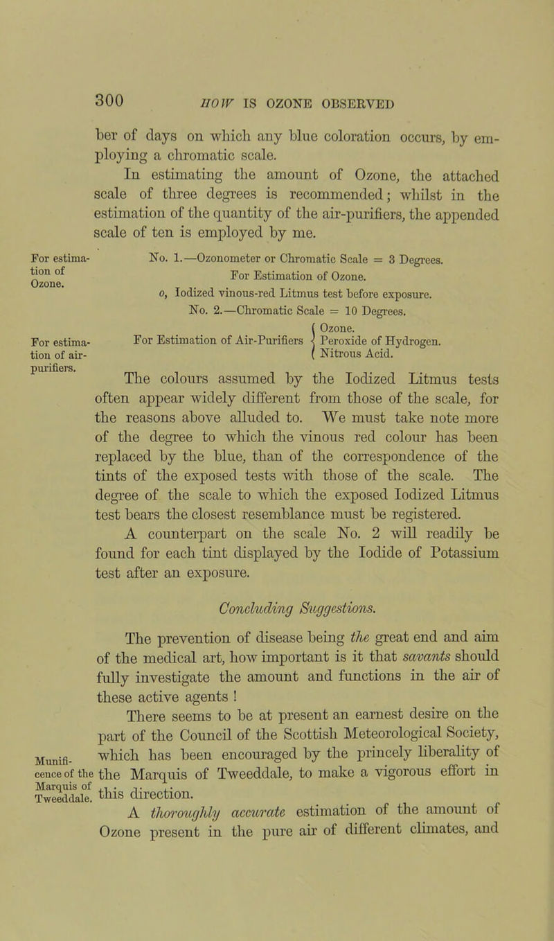 ber of days on which any blue coloration occurs, by em- ploying a chromatic scale. In estimating the amount of Ozone, the attached scale of three degrees is recommended; whilst in the estimation of the quantity of the air-purifiers, the appended scale of ten is employed by me. No. 1.—Ozonometer or Chromatic Scale = 3 Degrees. For Estimation of Ozone. o, Iodized vinous-red Litmus test before exposure. No. 2.—Chromatic Scale = 10 Degrees. ! Ozone. Peroxide of Hydrogen. Nitrous Acid. The colours assumed by the Iodized Litmus tests often appear widely different from those of the scale, for the reasons above alluded to. We must take note more of the degree to which the vinous red colour has been replaced by the blue, than of the correspondence of the tints of the exposed tests with those of the scale. The degree of the scale to which the exposed Iodized Litmus test bears the closest resemblance must be registered. A counterpart on the scale No. 2 will readily be found for each tint displayed by the Iodide of Potassium test after an exposure. Concluding Suggestions. The prevention of disease being the great end and aim of the medical art, how important is it that savants should fully investigate the amount and functions in the air of these active agents ! There seems to be at present an earnest desire on the part of the Council of the Scottish Meteorological Society, Munifi- which lias been encouraged by the princely liberality of ceuce of the the Marquis of Tweeddale, to make a vigorous effort in Tweeddale. this direction. A thoroughly accurate estimation of the amount of Ozone present in the pure air of different climates, and For estima- tion of Ozone. For estima- tion of air- purifiers.