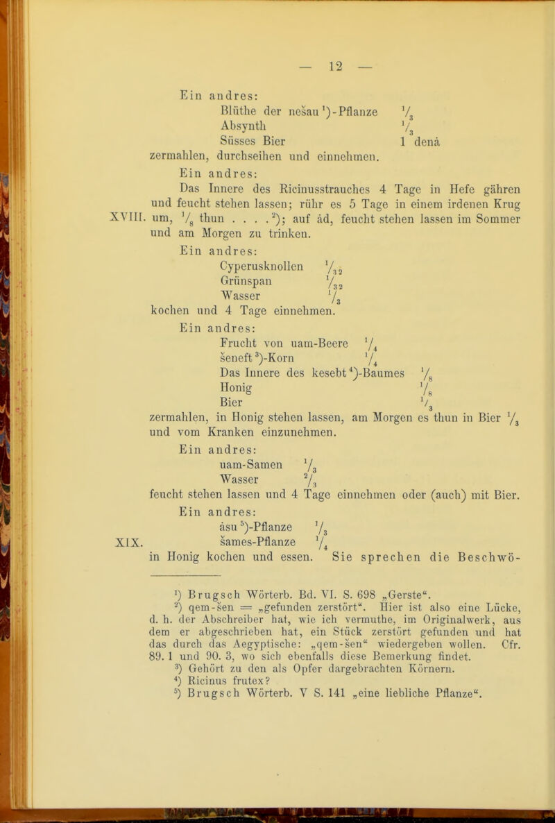 Ein andref?: Bliithe der nesau')-Pflanze Absyntli '/^ Süsses Bier 1 dencä zermahlen, durchseihen und einnehmen. Ein andres: Das Innere des Ricinusstrauches 4 Tage in Hefe gähren und feucht stehen lassen; rühr es 5 Tage in einem irdenen Krug XVIII. um, Vg thun . . . Z^); auf äd, feucht stehen lassen im Sommer und am Morgen zu trinken. Ein andres: Cyperusknollen '/^^ Grünspan '/^^ Wasser kochen und 4 Tage einnehmen. Ein andres: Frucht von uam-Beere '/4 seneft ^)-Korn ^/^ Das Innere des kesebt'')-Baumes '/^ Honig 7g Bier zermahlen, in Honig stehen lassen, am Morgen es thun in Bier '/^ und vom Kranken einzunehmen. Ein andres: uam-Samen Wasser 7.1 feucht stehen lassen und 4 Tage einnehmen oder (auch) mit Bier. Ein andres: äsu *)-Pflanze '/s XIX. sames-Pflanze '/^ in Honig kochen und essen. Sie sprechen die Beschwö- 1) Brugsch Wörterb. Bd. VI. S. 698 „Gerste. ^) qem-sen = „gefunden zerstört. Hier ist also eine Lücke, d. h. der Abschreiber hat, wie ich vermuthe, im Originalwerk, aus dem er abgeschrieben hat, ein Stück zerstört gefunden und hat das durch das Aegyptische: „qem-sen wiedergeben wollen. Cfr. 89. 1 und 90. 3, wo sich ebenfalls diese Bemerkung findet. ^) Gehört zu den als Opfer dargebrachten Körnern. Ricinus frutex? ^) Brugsch Wörterb. V S. 141 „eine liebliche Pflanze.