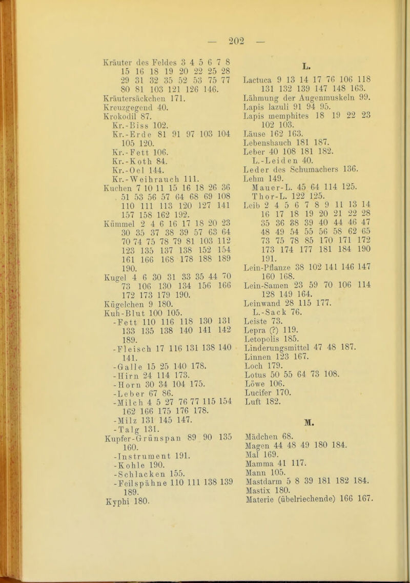 Kräuter des Feldes 3 4 5 6 7 8 15 16 18 19 20 22 25 28 29 31 32 35 52 53 75 77 80 81 103 121 126 146. Kräutorsiickcheu 171. Kreuzgfegend 40. Krokodil 87. Kr.-l',iss 102. Kr.-Erde 81 91 97 103 104 105 120. Kr.-Fett 106. Kr.-Koth 84. Kr.-Oel 144. Kr.-Weihrauch III. Kuchen 7 10 11 15 16 18 26 36 . 51 53 56 57 64 68 69 108 110 III 113 120 127 141 157 158 162 192. Kümmel 2 4 6 16 17 18 20 23 30 35 37 38 39 57 63 64 70 74 75 78 79 81 103 112 123 135 137 138 152 154 161 166 168 178 188 189 190. Kugel 4 6 30 31 33 35 44 70 73 106 130 134 156 166 172 173 179 190. Kiigelchen 9 180. Kuh-Blut 100 105. -Fett 110 116 118 130 131 133 135 138 140 141 142 189. -Fleisch 17 116 131 138 140 141. -Galle 15 25 140 178. -Hirn 24 114 173. -Horn 30 34 104 175. -Leber 67 86. -Milch 4 5 27 76 77 115 154 162 166 175 176 178. -Milz 131 145 147. -Talg 131. Kupfer-Grünspan 89 90 135 160. -Instrument 191. -Kohle 190. -Schlacken 155. -Feilspähue HO III 138 139 189. Kyphi 180. L. Lactuca 9 13 14 17 76 106 118 131 132 139 147 148 16.3. Lähmung der Augenmuskeln 99. Lapis lazuli 91 94 95. Lapis memphites 18 19 22 23 102 103. Läuse 162 163. Lebenshauch 181 187. Leber 40 108 181 182. L.-Leid en 40. Leder des Schumachers 136. Lehm 149. Mauer-L. 45 64 114 125. Thor-L. 122 125. Leib 245678911 13 14 16 17 18 19 20 21 22 28 35 36 88 39 40 44 46 47 48 49 54 55 56 58 62 65 73 75 78 85 170 171 172 173 174 177 181 184 190 191. Lein-Pflanze 38 102 141 146 147 160 168. Lein-Samen 23 59 70 106 114 128 149 164. Leinwand 28 115 177. L.-Sack 76. Leiste 73. Lepra (?) 119. Letopolis 185. Linderungsmittel 47 48 187. Linnen 123 167. Loch 179. Lotus 50 55 64 73 108. Löwe 106. Lucifer 170. Luft 182. M. Mädchen 68. Magen 44 48 49 180 184. Mal 169. Mamma 41 117. Mann 105. Mastdarm 5 8 39 181 182 184. Mastix 180. Materie (übelriechende) 166 167.