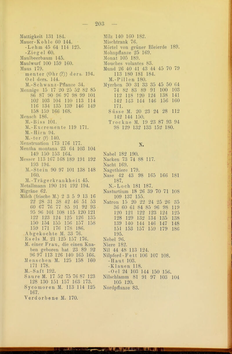Mattigkeit 131 184. Maxier-Kohle 60 144. -Lehm 45 64 114 125. -Ziegel 60. Maulbeerbaura 145. Maulwurf 100 159 160. Maus 179. menter (Ohr (?)) ders. 194. Gel ders. 144. M.-Schwanz-Pllanze 34. Mennige 15 17 20 25 52 82 85 86 87 90 96 97 98 99 101 102 103 104 110 113 114 116 134 135 139 146 149 158 159 166 168. Mensch 186. M.-Biss 101. M.-Excremente 119 171. M.-Hirn 94. M.-ter (?) 140. Menstruation 173 176 177. Mentha montana 23 64 103 104 149 1.50 153 164. Messer 113 167 168 189 191 192 193 194. M.-Stein 90 97 101 138 148 160. M.-Träge rkrankheit 45. Metallmann 190 191 192 194. Migräne 62. Milch (frische M.) 2 3 5 9 13 16 22 28 31 38 42 46 51 53 60 67 76 77 85 91 92 93 95 96 101 108 115 120 121 122 123 124 125 126 135 150 1-54 155 156 157 158 159 171 176 178 186. Abgekochte M. 33 76. Esels M. 21 125 157 176. M. einer Frau, die einen Kna- ben geboren hat 23 89 92 96 97 113 126 140 165 166. Renschen M. 125 1.58 160 171 178. M.-Saft 192. Saure M. 17 52 75 76 87 123 128 130 151 157 163 173. Sycomoren M. 113 114 125 167. Verdorbene M. 170. Milz 140 160 182. Mischtrank 76. Mörtel von grüner Bleierde 189. Mohnpflanze 25 169. Monat 105 189. Mouches volantes 83. Mund 26 40 41 43 44 45 70 79 113 180 181 184. M.-Pillen 180. Myrrhen 30 31 33 35 45 50 64 74 82 83 89 91 100 103 112 118 120 124 138 141 142 143 144 146 156 160 171. Süsse M. 20 23 24 28 112 142 144 150. Trockne M. 19 23 87 93 94 98 129 132 133 152 180. Nabel 182 190. Nacken 73 74 88 117. Nacht 169. Nagethiere 179. Nase 42 43 98 165 166 181 187. N.-Loch 181 187. Nasturtium 18 26 39 70 71 108 109 137 155. Natron 15 20 22 24 25 26 35 36 60 61 84 85 96 98 119 120 121 122 123 124 125 128 129 132 134 135 138 139 140 144 146 147 148 151 153 157 159 179 186 195. Nebel 96. Niere 182. Nil 44 48 113 124. Nilpferd-Fett 106 107 108. -Haut 103. -Klauen 118. -Oel 24 103 144 150 156. Nilschlamm 81 91 97 103 104 105 120. Nordpflanze 83.