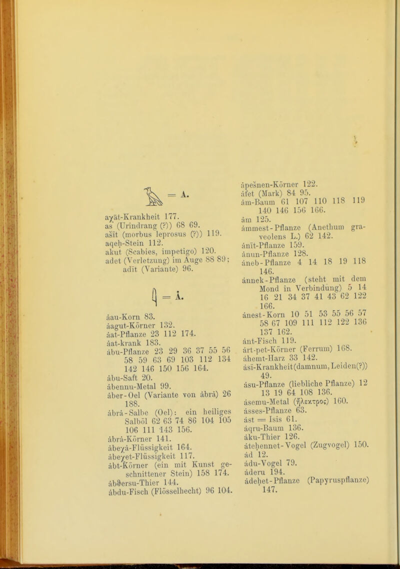 = A. ayät-Kraukheit 177. as (Urindrang (?)) r,8 69. asit (morbus leprosus (?)) 119. aqeh-Stein 112. akut (Scabies, Impetigo) 120. adet (Verletzung) im Äuge 88 89; adlt (Variante) 96. £l = i. äau-Korn 83. äagut-Körner 132. äat-Pflanze 23 112 174. äat-krank 183. äbu-Pflanze 23 29 36 37 55 56 58 59 63 69 103 112 134 142 146 150 156 164. äbu-Saft 20. libennu-Metal 99. äber-Oel (Variante von äbrä) 26 188. äbrä-Salbe (Oel): ein heiliges Salböl 62 63 74 86 104 105 106 III 143 156. äbrä-Körner 141. äbe/ä-Flüssigkeit 164. äbe)(et-Flüssigkeit 117. äbt-Körner (ein mit Kunst ge- schnittener Stein) 158 174. äböersu-Thier 144. äbdu-Fisch (Flösselhecht) 96 104. äpesnen-Körner 122. äfet (Mark) 84 95. äm-Baum 61 107 HO 118 119 140 146 15G 166. ära 125. ämmest-Pflanze (Anethum gra- veoleus L.) 62 142. ämt-Pflanze 159. änun-Pflanze 128. äneb-Pflanze 4 14 18 19 118 146. ännek-Pflanze (steht mit dem Mond in Verbindung) 5 14 16 21 34 37 41 43 62 122 166. änest-Korn 10 51 53 55 56 o7 58 67 109 III 112 122 136 137 162. änt-Fisch 119. ärt-pet-Körner (Ferrum) 168. ahemt-Harz 33 142. äsi-Krankheit(damnum, Leiden(?)) 49. äsu-Pflanze (liebliche Pflanze) 12 13 19 64 108 136. äscmu-Metal (TjXsxTpof) 160. ässes-Pflanze 63. äst = Isis 61. äqru-Baum 136. äku-Thier 126. ätehennet-Vogel (Zugvogel) 150. äd 12. ädu-Vogel 79. äderu 194. ädehet- Pflanze (Papyruspflanze) '147.