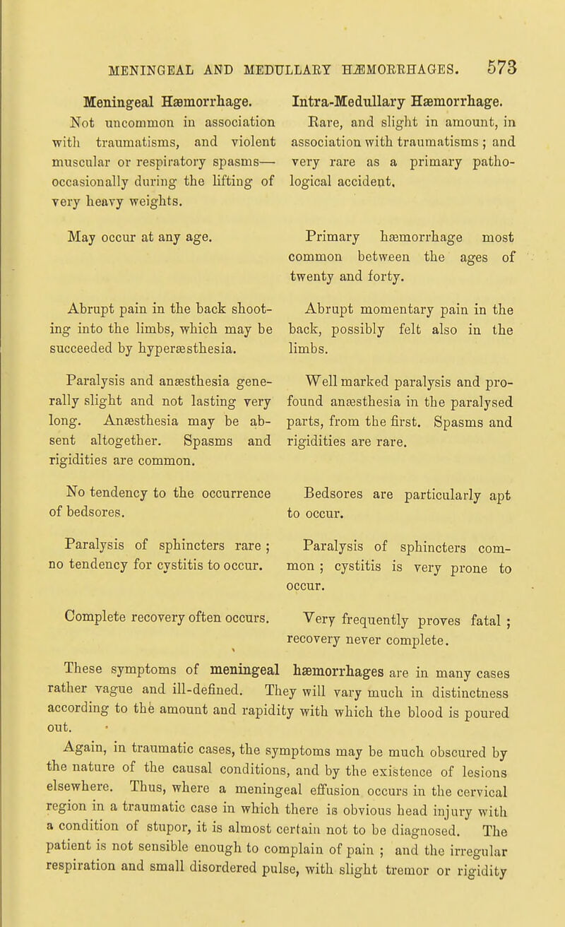 Meningeal Haemorrhage. Not uucommon in association with traumatisms, and violent muscular or respiratory spasms— occasionally during the lifting of very heavy weights. May occur at any age. Abrupt pain in the back shoot- ing into the limbs, which may be succeeded by hyperfesthesia. Paralysis and anaesthesia gene- rally slight and not lasting very long. An£esthesia may be ab- sent altogether. Spasms and rigidities are common. No tendency to the occurrence of bedsores. Paralysis of sphincters rare; no tendency for cystitis to occur. Intra-MeduUary HaBmorrhage. Rare, and sliglit in amount, in association with traumatisms ; and very rare as a primary patho- logical accident. Primary haemorrhage most common between the ages of twenty and forty. Abrupt momentary pain in the back, possibly felt also in the limbs. Well marked paralysis and pro- found antesthesia in the paralysed parts, from the first. Spasms and rigidities are rare. Bedsores are particularly apt to occur. Paralysis of sphincters com- mon ; cystitis is very prone to occur. Complete recovery often occurs. Very frequently proves fatal ; recovery never complete. These symptoms of meningeal haemorrhages are in many cases rather vague and ill-defined. They will vary much in distinctness according to the amount and rapidity with which the blood is poured out. Again, in traumatic cases, the symptoms may be much obscured by the nature of the causal conditions, and by the existence of lesions elsewhere. Thus, where a meningeal effusion occurs in the cervical region in a traumatic case in which there is obvious head injury with a condition of stupor, it is almost certain not to be diagnosed. The patient is not sensible enough to complain of pain ; and the irregular respiration and small disordered pulse, with slight tremor or rigidity