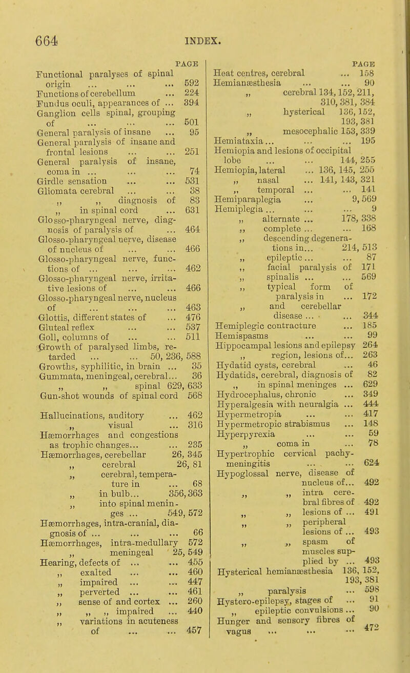 PAGE Functional paralyses of spinal origin ... ... ... 592 Functions of cerebellum ... 224 Fundus oculi, appearances of ... 394 Ganglion cells spinal, grouping of 501 General paralysis of insane ... 95 General paralysis of insane and frontal lesions ... ... 251 General paralysis of insane, coruain ... ... ... 74 Girdle sensation ... ... 531 Gliomata cerebral ... ... 38 „ ,, diagnosis of 83 „ in spinal cord ... 631 Glosso-pliaryngea! nerve, diag- nosis of paralysis of ... 464 Glosso-pliaryngeal nerve, disease of nucleus of ... ... 466 Glosso-pharyngeal nerve, func- tions of ... ... ... 462 Glosso-pdiaryngeal nerve, irrita- tive lesions of ... ... 466 Glosso-pharyngeal nerve, nucleus of 463 Glottis, diSerent states of ... 476 Gluteal reflex ... ... 537 GoU, columns of ... ... 511 Growth of paralysed limbs, re- tarded ... ... 50,236,688 Growths, syphilitic, in brain ... 36 Gummata, meningeal, cerebral... 36 „ ,, spinal 629, 633 Gun-shot wounds of spinal cord 668 Hallucinations, auditory ... 462 „ visual ... 316 Hcemorrhages and congestions as trophic changes... ... 235 Haemorrhages, cerebellar 26, 345 „ cerebral 26, 81 „ cerebral, tempera- ture in ... 68 „ in bulb... 356,363 „ into spinal menin- ges ... 549, 572 Haemorrhages, intra-cranial, dia- gnosis of ... ... ... 66 Hasmorrhages, intra-medullary 572 „ meningeal 25,549 Hearing, defects of ... ... 456 ,, exalted ... ... 460 „ impaired ... ... 447 „ perverted ... ... 461 „ sense of and cortex ... 260 „ „ ,, impaired ... 440 „ variations in acuteness of ... ... 457 PAGE Heat centres, cerebral ... 158 Hemianassthesia ... ... 90 „ cerebral 134,152,211, 310,381, 384 „ hysterical 13G, 152, 193, 381 „ mesocephalic 153,339 Hemiataxia... ... ... 195 Hemiopia and lesions of occipital lobe ... ... 144,255 Hemiopia,lateral ... 136, 145, 255 „ nasal ... 141, 143,321 „ temporal ... ... 141 Hemiparaplegia ... 9,569 Hemiplegia... ... ... 9 ,, alternate ... 178, 338 ,, complete ... ... 168 „ descending degenera- tions in... 214,613 „ epileptic... ... 87 ,, facial paralysis of 171 ,, spiualis ... ... 569 „ typical form of paralysis in ... 172 „ and cerebellar disease ... ■ ... 344 Hemiplegic contracture ... 185 Hemispasms ... ... 99 Hippocampal lesions and epilepsy 264 ,, region, lesions of... 263 Hydatid cysts, cerebral ... 46 Hydatids, cerebral, diagnosis of 82 „ in spinal meninges ... 629 Hydrocephalus, chronic ... 349 Hyperalgesia with neuralgia ... 444 Hypermetropia ... ... 417 Hypermetropic strabismus ... 148 Hyperpyrexia ... ... 59 „ coma in ... 78 Hypertrophic cervical pachy- meningitis ... ••• 624 Hypoglossal nerve, disease of nucleus of... 492 „ intra cere- bral fibres of 492 „ „ lesions of ... 491 „ „ peripheral lesions of ... 493 „ „ spasm of muscles sup- plied by ... 493 Hysterical hemianaesthesia 136, 152, 193, 381 „ paralysis .•• 598 Hystero-epilepsy, stages of ... 91 epileptic convulsions... 90 Hunger and sensory fibres of vagus 472