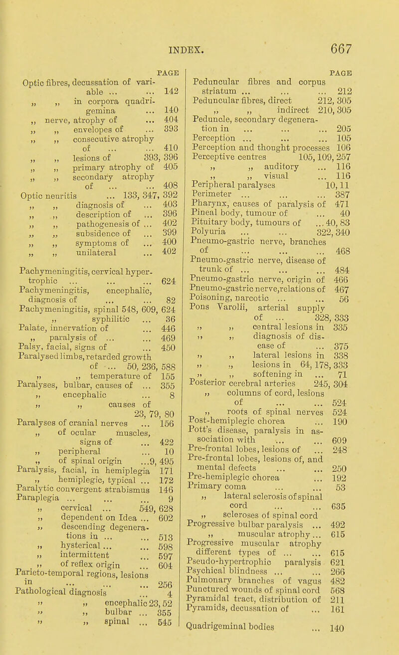 PAGE Optic fibres, decussation of vari- able ... ... 142 „ „ in corpora qnadri- gemina ... 140 „ nerve, atrophy of ... 404 „ „ envelopes of ... 393 „ ,, consecutive atrophy of 410 „ lesions of 393, 396 „ „ primary atrophy of 405 „ „ secondary atrophy of 408 Optic neuritis ... 133,347,392 „ ,, diagnosis of ... 403 „ ,, description of ,.. 396 „ ,, pathogenesis of ... 402 „ „ subsidence of ... 399 „ ,, symptoms of ... 400 „ „ unilateral ... 402 Pachymeningitis, cervical hyper- trophic ... ... ... 624 Pachymeningitis, encephalic, diagnosis of ... ... 82 Pachymeningitis, spinal 548, 609, 624 „ syphilitic ... 36 Palate, innervation of ... 446 „ paralysis of ... ... 469 Palsy, facial, signs of ... 450 Paralysed limbs, retarded growth of ... 50,236, 688 „ ,, temperature of 165 Paralyses, bulbar, causes of ... 355 „ encephalic ... 8 „ „ causes of 23, 79, 80 Paralyses of cranial nerves ... 166 „ of ocular muscles, signs of ... 422 „ peripheral ... 10 „ of spinal origin ...9,495 Paralysis, facial, in hemiplegia 171 „ hemiplegic, typical ... 172 Paralytic convergent strabismus 146 Paraplegia ... ... 9 „ cervical ... 649,628 „ dependent on Idea ... 602 J, descending degenera- tions in ... ... 613 „ hysterical... ... 593 „ intermittent ... 597 „ of reflex origin ... 604 Parieto-temporal regions, lesions in ... 266 Pathological diagnosis *' 4  » encephalic 23,52 >> „ bulbar ... 355  ), spinal ... 545 PAGE Peduncular fibres and corpus striatum ... ... ... 212 Peduncular fibres, direct 212, 305 indirect 210,305 Peduncle, secondary degenera- tion in ... ... ... 205 Perception ... ... ... 106 Perception and thought processes 106 Perceptive centres 106,109, 257 „ ,, auditory ... 116 ,> „ visual ... 116 Peripheral paralyses 10,11 Perimeter ... ... ... 387 Pharynx, causes of paralysis of 471 Pineal body, tumour of ... 40 Pituitary body, tumours of ... 40, 83 Polyuria ... ... 322,340 Pneumo-gastric nerve, branches of 468 Pneumo-gastric nerve, disease of trunk of ... ... ... 484 Pneumo-gastric nerve, origin of 466 Pneumo-gastric nerve,relations of 467 Poisoning, narcotic ... ... 66 Pons Varolii, arterial supply of ... 328,333 I, „ central lesions in 336 )) „ diagnosis of dis- ease of ... 375 >, ,, lateral lesions in 338 » ;, lesions in 64, 178,333 !■ „ softening in ... 71 Posterior cerebral arteries 246, 304 t) columns of cord, lesions of ... ... 624 „ roots of spinal nerves 624 Post-hemiplegic chorea ... 190 Pott's disease, paralysis in as- sociation with ... ... 609 Pre-frontal lobes, lesions of ... 248 Pre-frontal lobes, lesions of, and mental defects ... ... 260 Pre-hemiplegic chorea ... 192 Primary coma ... ... 63 ,, lateral sclerosis of spinal cord ... ... 635 „ scleroses of spinal cord Progressive bulbar paralysis ... 492 ,, muscular atrophy... 615 Progressive muscular atrophy different types of 615 Pseudo-hypertrophio paralysis 621 Psychical blindness ... ... 266 Pulmonary branches of vagus 482 Punctured wounds of spinal cord 668 Pyramidal tract, distribution of 211 Pyramids, decussation of ... 161 Quadrigeminal bodies 140