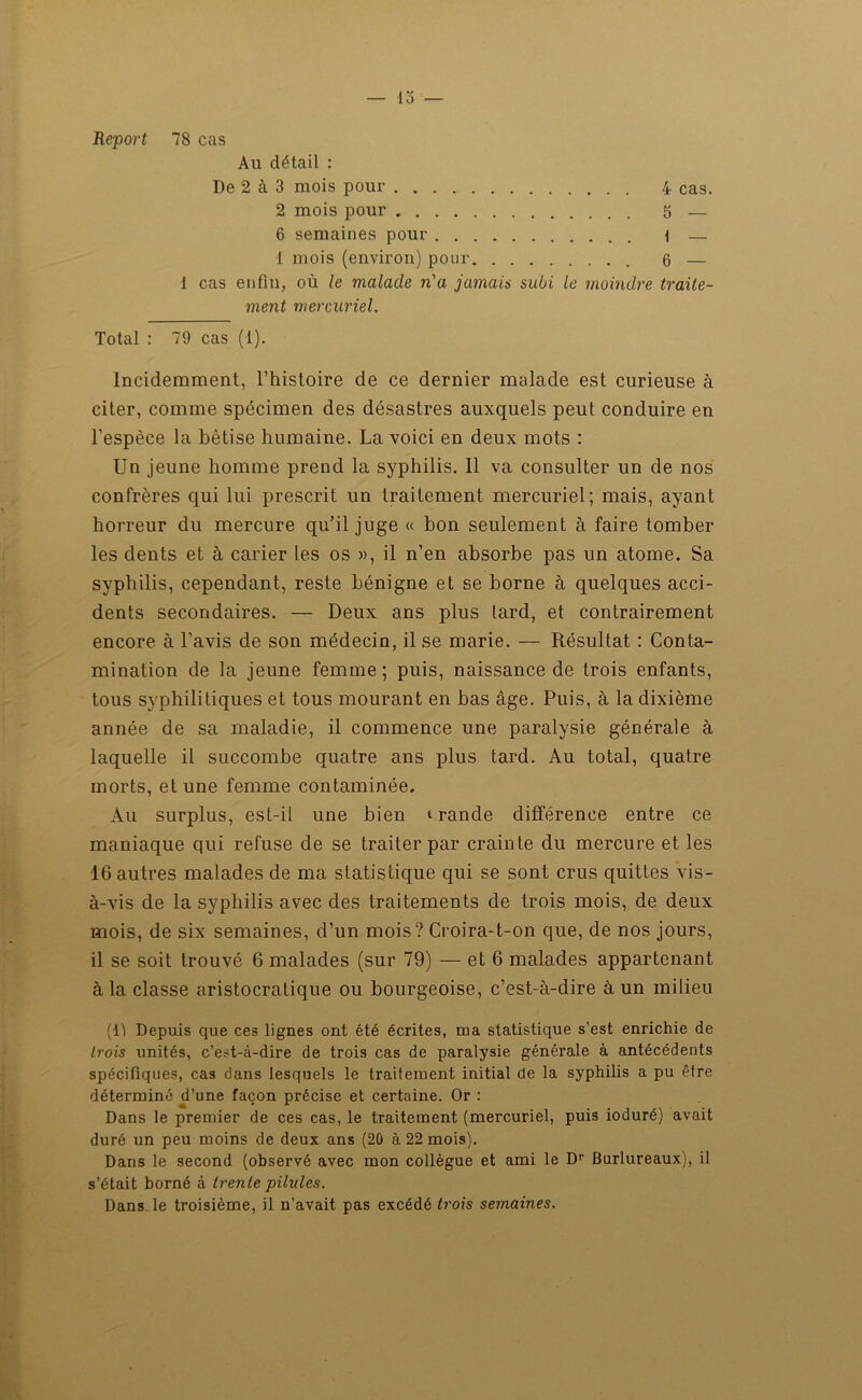 I u — lo Report 78 cas Au détail : De 2 à 3 mois pour 4 cas. 2 mois pour 5 — 6 semaines pour \ — 1 mois (environ) pour 6 — 1 cas enfin, où le malade n'a jamais subi le moindre traite- ment mercuriel. Total : 79 cas (1). Incidemment, l’histoire de ce dernier malade est curieuse à citer, comme spécimen des désastres auxquels peut conduire en l’espèce la bêtise humaine. La voici en deux mots : Un jeune homme prend la syphilis. 11 va consulter un de nos confrères qui lui prescrit un traitement mercuriel; mais, ayant horreur du mercure qu’il juge « bon seulement à faire tomber les dents et à carier les os », il n’en absorbe pas un atome. Sa syphilis, cependant, reste bénigne et se borne à quelques acci- dents secondaires. — Deux ans plus lard, et contrairement encore à l’avis de son médecin, il se marie. — Résultat : Conta- mination de la jeune femme ; puis, naissance de trois enfants, tous syphilitiques et tous mourant en bas âge. Puis, à la dixième année de sa maladie, il commence une paralysie générale à laquelle il succombe quatre ans plus tard. Au total, quatre morts, et une femme contaminée. Au surplus, est-ii une bien t rande différence entre ce maniaque qui refuse de se traiter par crainte du mercure et les 16 autres malades de ma statistique qui se sont crus quittes vis- à-vis de la syphilis avec des traitements de trois mois, de deux mois, de six semaines, d’un mois? Croira-t-on que, de nos jours, il se soit trouvé 6 malades (sur 79) — et 6 malades appartenant à la classe aristocratique ou bourgeoise, c’est-à-dire à un milieu (l'i Depuis que ces lignes ont été écrites, ma statistique s’est enrichie de trois unités, c’est-à-dire de trois cas de paralysie générale à antécédents spécifiques, cas dans lesquels le traitement initial de la syphilis a pu être déterminé d’une façon précise et certaine. Or : Dans le premier de ces cas, le traitement (mercuriel, puis ioduré) avait duré un peu moins de deux ans (20 à 22 mois). Dans le second (observé avec mon collègue et ami le Dr Burlureaux), il s’était borné à trente pilules. Dans le troisième, il n’avait pas excédé h'ois semaines.