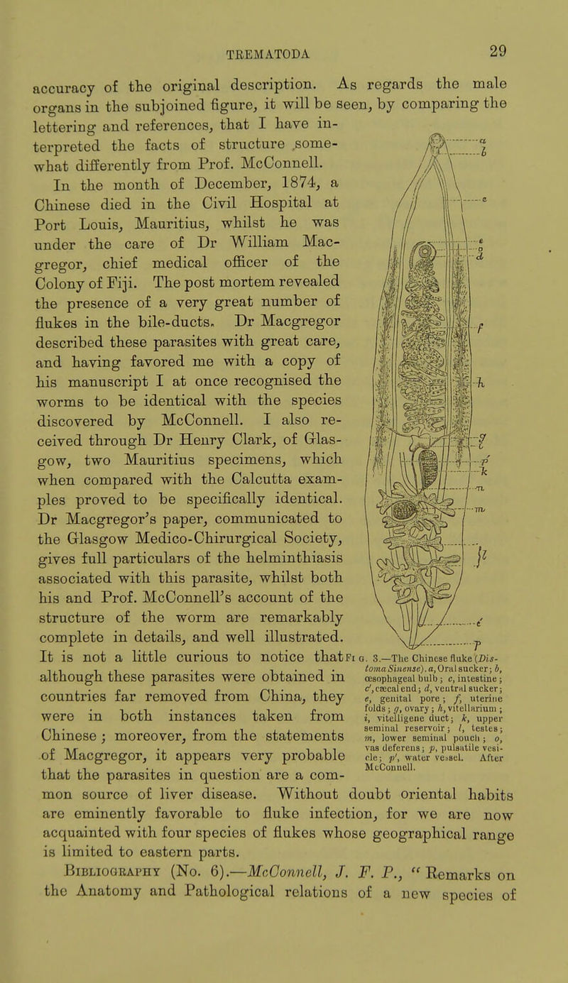 h accuracy of the original description. As regards the male organs in the subjoined figure, it will be seen, by comparing the lettering and references, that I have in- terpreted the facts of structure .some- what differently from Prof. McOonnell. In the month of December, 1874, a Chinese died in the Civil Hospital at Port Louis, Mauritius, whilst he was under the care of Dr William Mac- gregor, chief medical officer of the Colony of Fiji. The post mortem revealed the presence of a very great number of flukes in the bile-ducts- Dr Macgregor described these parasites with great care, and having favored me with a copy of his manuscript I at once recognised the worms to be identical with the species discovered by McConnell. I also re- ceived through Dr Henry Clark, of Glas- gow, two Mauritius specimens, which when compared with the Calcutta exam- ples proved to be specifically identical. Dr Macgregor's paper, communicated to the Glasgow Medico-Chirurgical Society, gives full particulars of the helminthiasis associated with this parasite, whilst both his and Prof. McConnell's account of the structure of the worm are remarkably complete in details, and well illustrated. It is not a little CUrioUS to notice that Fi g. 3.—The Chinese fluke (Dis- 1,1 i i • i • toma Sinense). a, Oral sucker; b, although these parasites were obtained m countries far removed from China, they were in both instances taken from Chinese ; moreover, from the statements of Macgregor, it appears very probable that the parasites in question are a com- mon source of liver disease. Without doubt oriental habits are eminently favorable to fluke infection, for we are now acquainted with four species of flukes whose geographical range is limited to eastern parts. Bibliography (No. 6).—McConnell, J. F. P.,  Eemarks on the Anatomy and Pathological relations of a new species of oesophageal bulb ; c, intestine ; c', caeca! end; d, veutrnl sucker; e, genital pore; f, uterine folds; g, ovary ; h, vitellarium ; t, vitelligene duct; k, upper seminal reservoir ; /, testes; tn, lower seminal pouch ; o, vas deferens; p, pulsatile vesi- cle; p', water vessel. After McConnell.