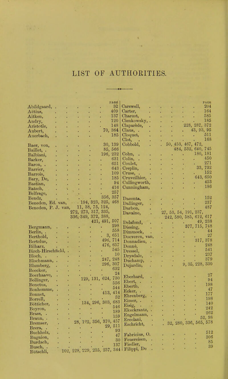 Abildgaard, Aetiua, Aitken, Andry, Aristotle, Aubert, Auerbach, Baer, von, Baillet, . Balbiani, Barker, Baron, . Barrier, Barrois, Bary, De, Bastian, Batsch, Belfrage, Bendz, Beneden, Ed. van, Beneden, P. J. van, l'AOK 32 409 137 120 148 70, 364 185 Bergmann, Berlin, . Berthold, Bertolus, Bilharz, Birch-Hirschfield, Bloch, . Blocbmann, Blumberg, Boecker, Boerhaave, Bollinger, Bonetus, Bonhomme, Bonnet, Borrell, Botticher, Boyron, Brass, . Braun, . Bremser, Brera, . Buchholz, Bugnion, Burdach, Busch, . Butschli, 102 30, 139 85, 566 196, 232 631 651 643 109 185 94 416 257 356, 357 194, 323, 325, 468 11, 38, 75, 124, 272, 273, 317, 335, 336, 349, 372, 388, 421, 491, 507 298 558 . 3, 651 496, 714 476, 657 545 10 247, 248 296, 307 632 24 129, 131, 624, 730 556 544 413, 414 52 134, 296, 303, 683 546 189 159 28, 122, 356, 370, 457 29, 511 93 47 30 137 228, 229, 235, 237, 344 Carswell, Carter, Charcot, Cienkowsky, Claparede, Claus, . Cloquet, Clot, . Cobbold, Cohn, . Colin, . Coulet, Creplin, Cruse, . Cruveilhier, Culling worth, Cunningham, Daconta, Dallinger, Darbon, Davaine, Delafond, Diesing, Dimmock, Doeveren, van Donnadieu, Donne, Dressel, Drysdale, Duchamp, Dujardin, Eberhard, Ebert, . Eberth, Ecker, . Ehrenberg, Eimer, . Eisig, . Ekeckrantz, Engelmann, Ercolani, Eschricht, Fabricius, O Feuereisen, Fiedler, Filippi, De PAGE 2U4 164 585 185 228, 282, 372 . 43, 93, 95 511 168 50, 453, 467, 472, 484, 532, 640, 745 180, 181 450 271 33, 732 152 643, 650 453 186 152 237 487 27, 53, 54, 191, 237, 242, 580, 585, 612, 617 49, 238 377, 715, 748 44 27 317, 378 248 541 237 379 9, 35, 228, 330 27 94 198 47 177 198 140 242 262 52, 98 32, 280, 336, 565, 578 512 306 85 39