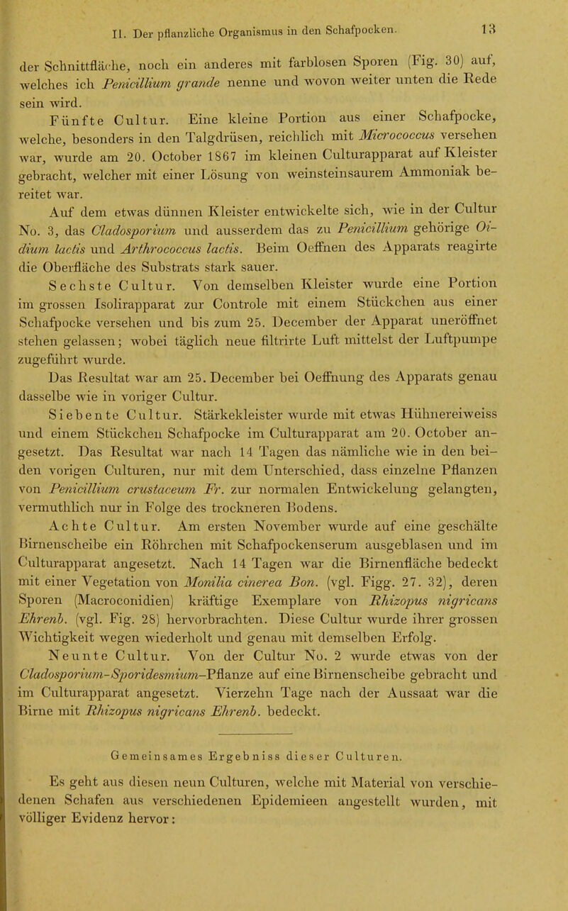 der Schnittfläclie, nocli ein anderes mit farblosen Sporen (Fig. 30) auf, welches ich Penicillium grande nenne und wovon weiter unten die Rede sein wird. Fünfte Cultur. Eine kleine Portion aus einer Schafpocke, welche, besonders in den Talgdrüsen, reichlich mit Micrococcus versehen war, wurde am 20. October 1867 im kleinen Culturapparat auf Kleister gebracht, welcher mit einer Lösung von weinsteinsaurem Ammoniak be- reitet war. Auf dem etwas dünnen Kleister entwickelte sich, wie in der Cultur No. 3, das Cladosporium und ausserdem das zu Penicillium gehörige Oi- dium laclis und Arthrococcus lactis. Beim OefFnen des Apparats reagirte die Oberfläche des Substrats stark sauer. Sechste Cultur. Von demselben Kleister wurde eine Portion im grossen Isohrapparat zur Controle mit einem Stückchen aus einer Schafpocke versehen und bis zum 25. December der Apparat uneröffnet stehen gelassen; wobei täglich neue filtrirte Luft mittelst der Luftpumpe zugeführt wurde. Das liesultat Avar am 25. December bei OefFnung des Apparats genau dasselbe wie in voriger Cultur. Siebente Cultur. Stärkekleister wurde mit etwas Hühnereiweiss und einem Stückchen Schafpocke im Culturapparat am 20. October an- gesetzt. Das Resultat war nach 14 Tagen das nämliche wie in den bei- den vorigen Culturen, nur mit dem Unterschied, dass einzelne Pflanzen von Penicillium crustaceum Fr. zur normalen Entwickelung gelangten, vermuthlich nur in Folge des trockneren Eodens. Achte Cultur. Am ersten November wurde auf eine geschälte Birnenscheibe ein Röhrchen mit Schafpockenserum ausgeblasen und im Culturapparat angesetzt. Nach 14 Tagen war die Birnenfläche bedeckt mit einer Vegetation von Monilia cinerea Bon. (vgl. Figg. 27. 32), deren Sporen (Macroconidien) kräftige Exemplare von Rhizopus nigricans Ehrenh. (vgl. Fig. 28) hervorbrachten. Diese Cultur wurde ihrer grossen Wichtigkeit wegen wiederholt und genau mit demselben Erfolg. Neunte Cultur. Von der Cultur No. 2 wurde etwas von der Cladosporium-S2)orides'mium-P&anze auf eine Birnenscheibe gebracht und im Culturapparat angesetzt. Vierzehn Tage nach der Aussaat war die Birne mit Rhizopus nigricans Ehrenb. bedeckt. Gemeinsames Ergebniss dieser Culturen. Es geht aus diesen neun Culturen, welche mit Material von verschie- denen Schafen aus verschiedenen Epidemieen angestellt wurden, mit völliger Evidenz hervor: