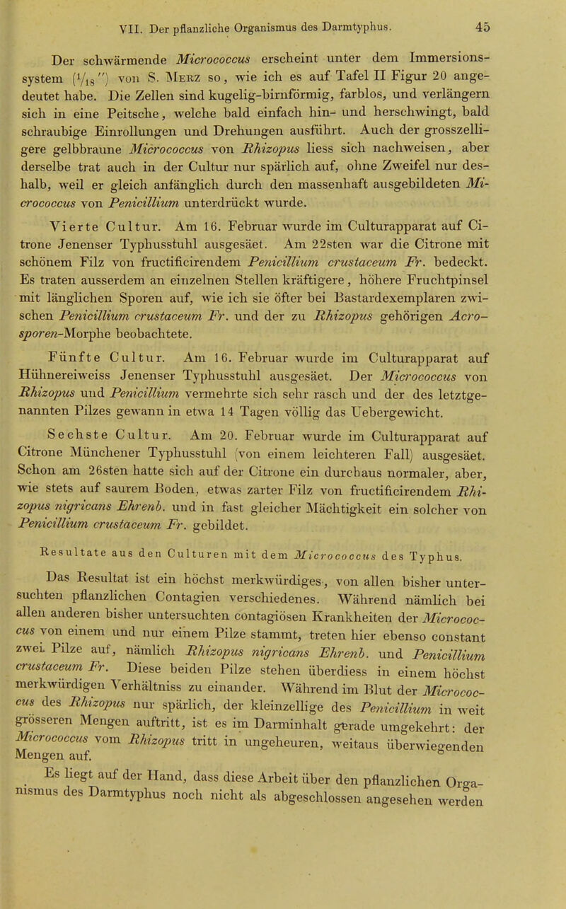 Der schwärmende Micrococcus erscheint unter dem Immersions- system (Vis) ^0 ^- Merz so, wie ich es auf Tafel II Figur 20 ange- deutet habe. Die Zellen sind kugelig-birnförmig, farblos, und verlängern sich in eine Peitsche, welche bald einfach hin- und herschwingt, bald schraubige Einrollungen und Drehungen ausführt. Auch der grosszelli- gere gelbbraune Micrococcus von Rhizopus Hess sich nachweisen, aber derselbe trat auch in der Cultur nur spärlich auf, ohne Zweifel nur des- halb, weil er gleich anfänglich durch den massenhaft ausgebildeten Mi- crococcus von Penicillium unterdrückt wurde. Vierte Cultur. Am 16. Februar wurde im Culturapparat auf Ci- trone Jenenser Typhusstuhl ausgesäet. Am 22sten war die Citrone mit schönem Filz von fructificirendem Penicillium crustaceum Fr. bedeckt. Es traten ausserdem an einzelnen Stellen kräftigere, höhere Fruchtpinsel mit länglichen Sporen auf, wie ich sie öfter bei Bastardexemplaren zwi- schen Penicillium crustaceum Fr. und der zu Rhizopus gehörigen Acro- sjoorew-Morphe beobachtete. Fünfte Cultur. Am 16. Februar wurde im Culturapparat auf Hühnereiweiss Jenenser Typhusstuhl ausgesäet. Der Micrococcus von Rhizopus und Penicillium vermehrte sich sehr rasch und der des letztge- nannten Pilzes gewann in etwa 14 Tagen völlig das Uebergewicht. Sechste Cultur. Am 20. Februar wurde im Culturapparat auf Citrone Münchener Typhusstuhl (von einem leichteren Fall) ausgesäet. Schon am 26sten hatte sich auf der Citrone ein durchaus normaler, aber, wie stets auf saurem Boden, etwas zarter Filz von fructificirendem Rhi- zopus nigricans Ehrenb. und in fast gleicher Mächtigkeit ein solcher von Penicillium crustaceum Fr. gebildet. Resultate aus den Culturen mit dem Micrococcus des Typhus. Das Resultat ist ein höchst merkwürdiges, von allen bisher unter- suchten pflanzlichen Contagien verschiedenes. Während nämlich bei allen anderen bisher untersuchten contagiösen Krankheiten der Micrococ- cus von einem und nur einem Pilze stammt, treten hier ebenso constant zwei Pilze auf, nämlich Rhizopus nigricans Ehrenh. und Penicillium crustaceum Fr. Diese beiden Pilze stehen überdiess in einem höchst merkwürdigen Verhältniss zu einander. Während im Blut der Micrococ- cus des Rhizopus nur spärlich, der kleinzellige des Penicillium in weit grosseren Mengen auftritt, ist es im Darminhalt gerade umgekehrt- der Micrococcus vom Rhizopus tritt in ungeheuren, weitaus überwiegenden Mengen auf. Es liegt auf der Hand, dass diese Arbeit über den pflanzlichen Oro-a- msmus des Darmtyphus noch nicht als abgeschlossen angesehen werden