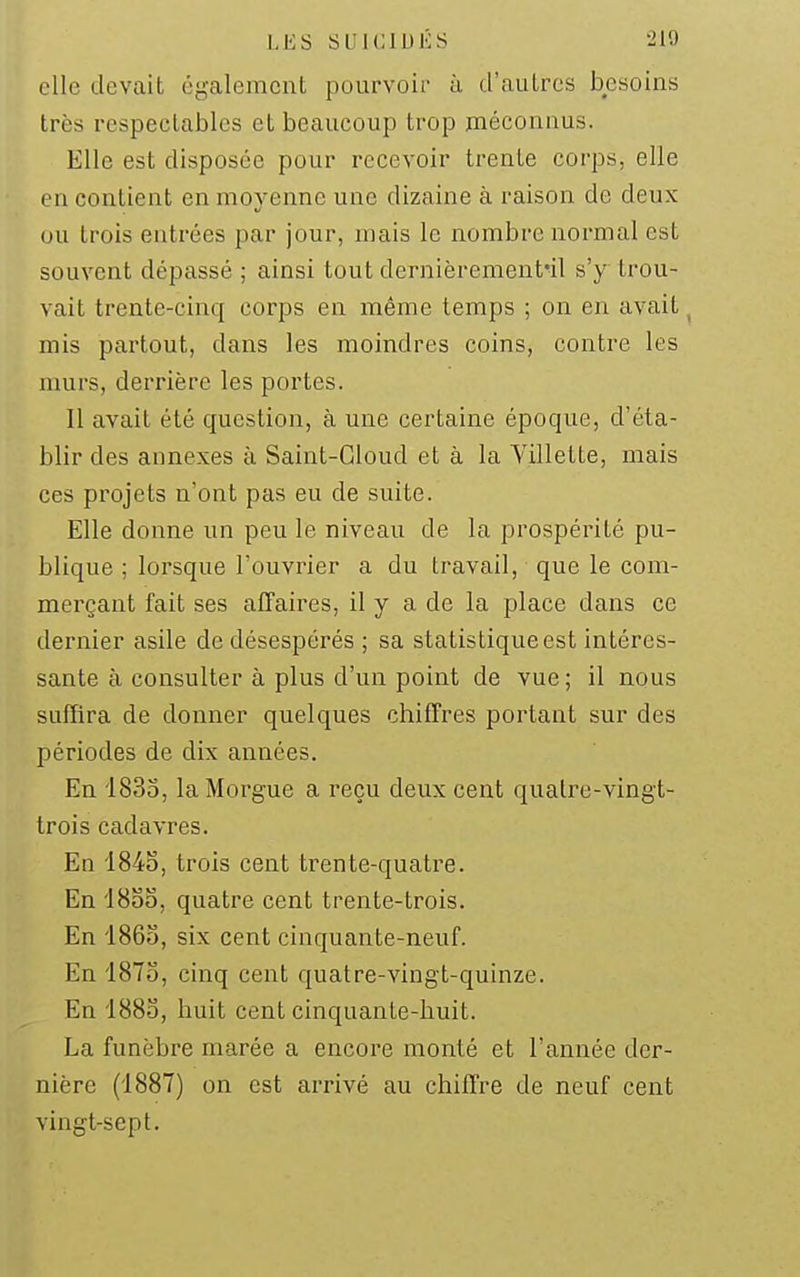 elle devait également pourvoir ù d'autres besoins très respectables et beaucoup trop méconnus. Elle est disposée pour recevoir trente corps, elle en contient en moyenne une dizaine à raison de deux ou trois entrées par jour, mais le nombre noi'mal est souvent dépassé ; ainsi tout dernièrement'il s'y trou- vait trente-cinq corps en même temps ; on en avait ^ mis partout, dans les moindres coins, contre les murs, derrière les portes. Il avait été question, à une certaine époque, d'éta- blir des annexes à Saint-Gloud et à la Yillette, mais ces projets n'ont pas eu de suite. Elle donne un peu le niveau de la prospérité pu- blique ; lorsque l'ouvrier a du travail, que le com- merçant fait ses affaires, il y a de la place dans ce dernier asile de désespérés ; sa statistique est intéres- sante à consulter à plus d'un point de vue ; il nous suffira de donner quelques chiffres portant sur des périodes de dix années. En 1835, la Morgue a reçu deux cent quatre-vingt- trois cadavres. En 1843, trois cent trente-quatre. En 18oS, quatre cent trente-trois. En 1863, six cent cinquante-neuf. En 1873, cinq cent quatre-vingt-quinze. En 1883, huit cent cinquante-huit. La funèbre marée a encore monté et l'année der- nière (1887) on est arrivé au chiffre de neuf cent vingt-sept.