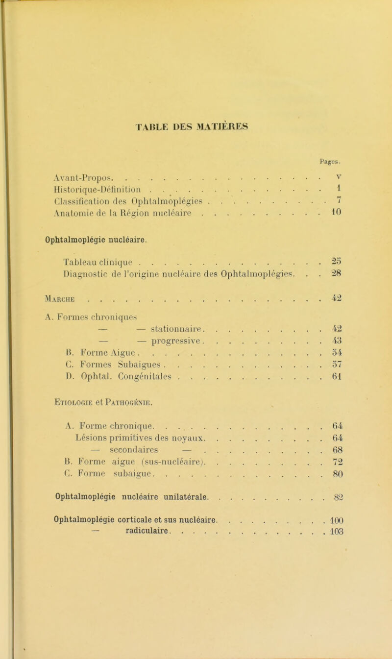 TABLE DES 3IAT1ÈRES Pages. Avanl-Propos v llistorifiue-Définition 1 (Classification des Ophlalmoplégies 7 Anatomifi de la Région nucléaire 10 Ophtalmoplégie nucléaire. Tableau clinique Diagnostic de l'origine nucléaire des Ophtalnioplégies. 25 Marche . . . . , A. Formes chroniques li. Forme Aiguë stationnaire progressive C. Formes Subaigues . D. Ophtal. Congénitales 42 43 54 57 61 Etiologie et Pathogénie. A. Forme chronique. . 64 Lésions primitives des noyaux 64 — secondaires — 68 B. Forme aiguë (sus-nucléaire) 72 C. Forme subaigue 80 Ophtalmoplégie nucléaire unilatérale 82 Ophtalmoplégie corticale et sus nucléaire 100 — radiculaire 103