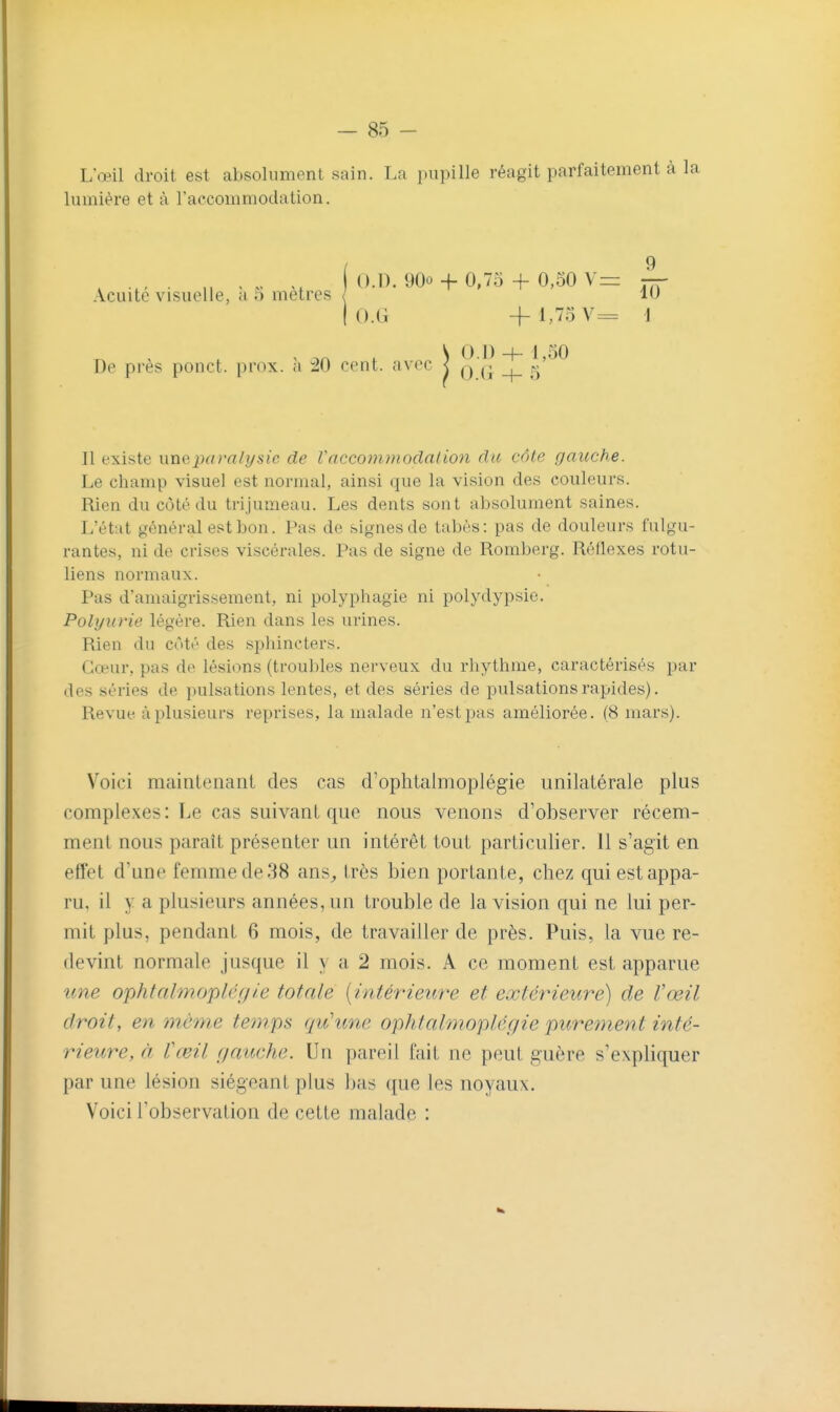 L'œil droit est absolument sain. La pupille réagit parfaitement à lumière et à Faccommodation. Il existe une paralysie de Vaccomynodalion du côte gauche. Le champ visuel est normal, ainsi que la vision des couleurs. Rien du côté du trijumeau. Les dents sont absolument saines. L'état général est bon. Pas de signes de tabès: pas de douleurs fulgu- rantes, ni de crises viscérales. Pas de signe de Romberg. Réflexes rotu- liens normaux. Pas d'amaigrissement, ni polyphagie ni polydypsie. Polyuvie légère. Rien dans les urines. Rien du côté des sphincters. Cœur, pas de lésions (troubles nerveux du rhythme, caractérisés par des séries de pulsations lentes, et des séries de pulsations rapides). Revue à plusieurs reprises, la malade n'est pas améliorée. (8 mars). Voici maintenant des cas d'ophtaimoplégie unilalérale plus complexes: Le cas suivant que nous venons d'observer récem- ment nous paraît présenter un intérêt tout particulier. 11 s'agit en effet d'une femme de 38 ans^, très bien portante, chez qui est appa- ru, il y a plusieurs années, un trouble de la vision qui ne lui per- mit plus, pendant 6 mois, de travailler de près. Puis, la vue re- devint normale jusque il y a 2 mois. A ce moment est apparue une ophtalmoplégle totale [intérieure et extérieure) de Vœil droit, en même te^nps qu'une ophtalmoplégie purement inté- rieure, à Vœil (/auche. Un pareil fait ne peut guère s'expliquer par une lésion siégeant plus ])as que les noyaux. Voici l'observation de cette malade : Acuité visuelle, a 5 mètres De près ponct. prox. à :20 cent, avec I 0.1) + 1,30 0.(1 H- 5