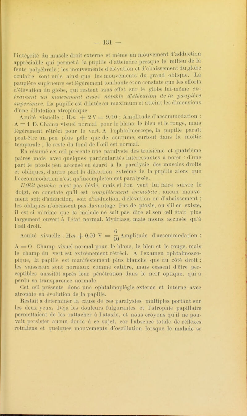 l'intégrité du muscle droit externe et même un mouvement d'adduction appréciable qui permet à la pupille d'atteindre presque le milieu de la fente palpébrale; les mouvements d'élévation et d'abaissement du globe oculaire sont nuls ainsi que les mouvements du grand oblique. La paupière supérieure est légèrement tombante eton constate que les efforts d'élévation du globe, qui restent sans elïet sur le globe lui-même en- Irninent un viouvement assez notable d'élévation de la j^aupière supérieure. La pupille est dilatée au nuiximum et atteint les dimensions d'une dilatation atropinique. Acuité visuelle ; Hin 2V = 9/10 : Amplitude d'accommodation : A = 1 D. Champ visuel normal pour le blanc, le bleu et le rouge, mais légèrement rétréci pour le vert. A l'opiilalmoscope, la papille paraît peut-être un \)0U plus prde que de coutume, surtout dans la moitié temporale : le reste du fond de l'oiil est normal. En résumé cet œil présente une paralysie des troisième et quatrième paires mais avec quelques particularités intéressantes à noter : d'une part le ptosis ^leu acccusé en égai-d à la paralysie des muscles droits et obliques, d'autre part la dilatation extrême de la pupille alors (|ue l'accommodation n'est qu'incomplètement paralysée. rCEil gauche n'est pas dévié, mais si l'on veut lui faire suivre le doigt, on constate qu'il est complètement immobile : aucun mouve- ment soit d'adduction, soit d'al)duction, d'élévation or d'aljaissement : les obliques n'obéissent pas davantage. Pas de ptosis, ou s'il en existe, il est si minime que le malade ne sait pas dire si son œil était plus largement ouvert à l'état normal. Mydriase, mais moins accusée qu'à l'œil droit. 6 Acuité visuelle : Hm -|- 0,50 ^ = Jq Amplitude d'accommodation : A =0. Champ visuel normal pour le blanc, le bleu et le rouge, mais le champ du vert est extrêmement rétréci. A l'examen ophtalmosco- pique, la papille est manifestement plus blanche que du côté droit ; les vaisseaux sont normaux comme calibre, mais cessent d'être per- ceptibles aussitôt après leur pénétration dans le nerf optique, qui a perdu sa transparence normale. Cet œil présente donc une ophtalmoplégie externe et interne avec atrophie en évolution de la papille. Restait à déterminer la cause de ces paralysies multiples portant sur les deux yeux. I)éjà les douleurs fulgurantes et l'atrophie papillaire permettaient de les rattacher à l'ataxie, et nous croyons qu'il ne pou- vait persister aucun doute à ce sujet, car l'absence totale de réflexes rotuliens et quelques mouvements d'oscillation lorsque le malade se