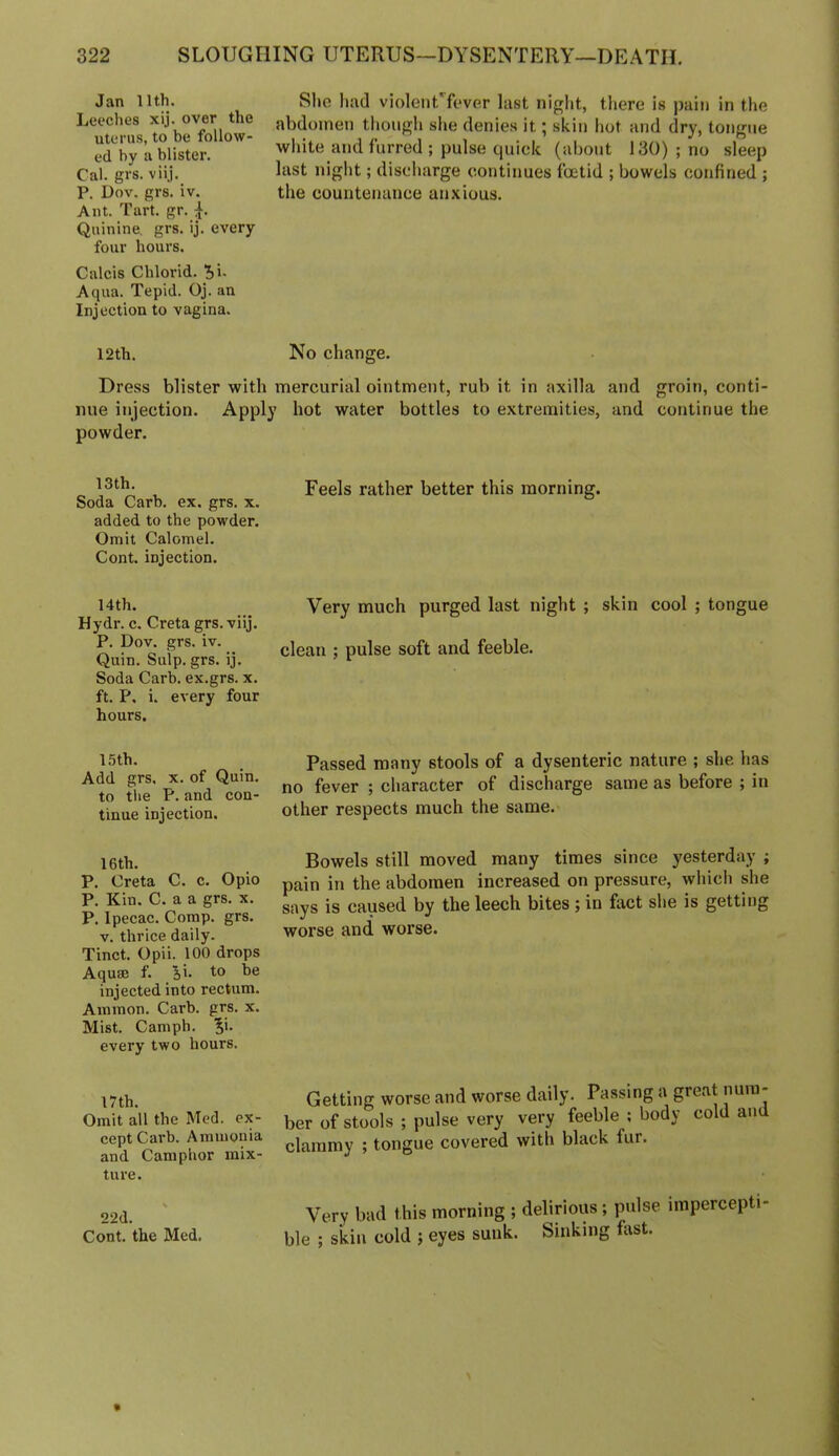 Jan 11th. Lei'ches xij. over the uterus, to be follow- ed by a blister. Cal. grs. viij. P. Dov. grs. iv. Ant. Tart. gr. Quinine, grs. ij. every four hours. Calcis Chlorid. Aqua. Tepid. Oj. an Injection to vagina. Slio Imd violenUfevp.r hist niglit, there is pain in the abdomen tliough she denies it; skin hot and dry, tongue wliite and furred ; pulse quick (about 130) ; no sleep last night; discharge continues foetid ; bowels confined ; the countenance anxious. I2tb. No change. Dress blister with mercurial ointment, rub it in axilla and groin, conti- nue injection. Apply hot water bottles to extremities, and continue the powder. „ , Feels rather better this morning. Soda Curb. ex. grs. x. added to the powder. Omit Calomel. Cont. injection. 14th. Hydr. c. Creta grs. viij. P. Dov. grs. iv. Quin. Sulp. grs. ij. Soda Carb, ex.grs. x. ft. P, i. every four hours. Very much purged last night ; skin cool ; tongue clean ; pulse soft and feeble. 15th. Add grs, X. of Quin, to tlie P. and con- tinue injection. Passed many stools of a dysenteric nature ; she has no fever ; character of discharge same as before ; in other respects much the same. 16th. P. Creta C. c, Opio P. Kin. C. a a grs. x. P. Ipeeac. Comp. grs. V. thrice daily. Tinct, Opii. 100 drops Aquse f. ?,i. to be injected into rectum. Ammon. Carb. grs. x. Mist. Camph. '^i. every two hours. Bowels still moved many times since yesterday ; pain in the abdomen increased on pressure, which she says is caused by the leech bites; in fact she is getting worse and worse. I7th. Getting worse and worse daily. Passing a great nura- Omit all the Med. ex- gf stools ; pulse very very feeble ; body cold and cept Carb. Ammonia , . tongue covered with black fur. and Camphor mix- J ’ o ture. 22d. Cont. the Med. Very bad this morning ; delirious; pulse impercepti ble ; skin cold ; eyes sunk. Sinking fiist.