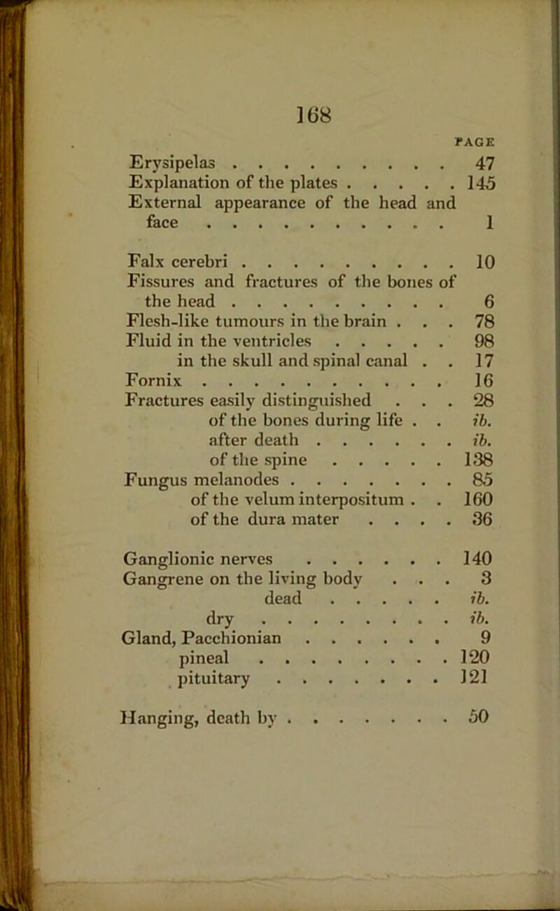]68 PAGE Erysipelas 47 Explanation of the plates 145 External appearance of the head and face 1 Falx cerebri 10 Fissures and fractures of tlie bones of the head 6 Flesh-like tumours in the brain ... 78 Fluid in the ventricles 98 in the skull and .spinal canal . . 17 Fornix 16 Fractures easily distinguished ... 28 of the bones during life . . ib. after death ih. of the spine 138 Fungus melanodes 85 of the velum interpositum . . 160 of the dura mater .... 36 Ganglionic nerves 140 Gangrene on the living body ... 3 dead ih. dry ih. Gland, Pacchionian 9 pineal 120 pituitary 121 Hanging, death by 50
