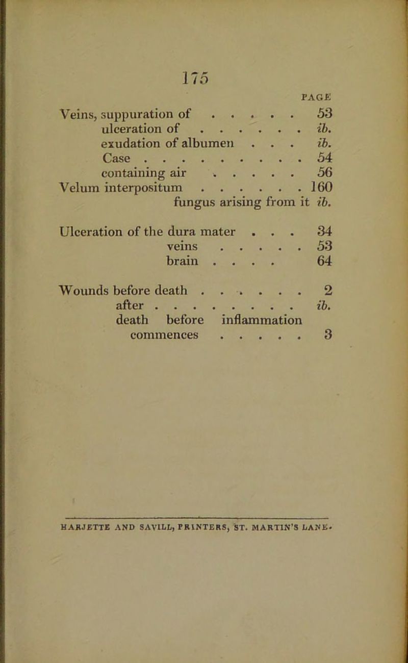 115 PAGE Veins, suppuration of 53 ulceration of ib. exudation of albumen . . . ib. Case 54 containing air 56 Velum interpositum 160 fiingus arising from it ib. Ulceration of the dura mater ... 34 veins 5.3 brain .... 64 Wounds before death 2 after ib. death before inflammation commences 3 UAHJETTE AND SAVILL, PRINTERS, ST. MARTIN'S LANE.