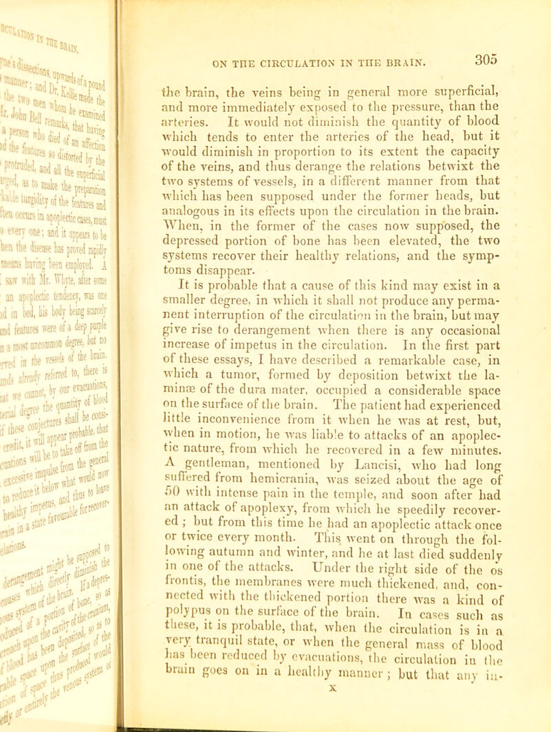 r the « t»OD|.n a' lie -k:s>*2 'F*«>,idi‘,''^^ a''mis ra apoplectic ca5ei,imiit Boiy om; and it appears tote a the di<ei<e las prortii rapidly 5BS bring ten employed. A Iff ffitl Mr. Wlyte. at'tcr some n ap('p!e(tic tendency, to one in led, bis body being scarcely 1 features uere of a deep purple iijiistoncommondefee, bntno J in tire ressels ot tie brain. 3,Wf referred to, there is «,rtnnonbyoarevacnajons. ^ ‘ • Js<ballbeco«si- Jtbns'e'® i ON TIIE CIRCULATION IN THE BRAIN. 305 the hrain, the veins being in general more superficial, and more immediately exposed to the pressure, than the arteries. It would not diiuinish the quantity of blood which tends to enter the arteries of the head, but it would diminish in proportion to its extent the capacity of the veins, and thus derange the relations betwixt the tsvo systems of vessels, in a different manner from that which has been supposed under the former heads, but analogous in its effects upon the circulation in the brain. When, in the former of the cases now supposed, the depressed portion of bone has been elevated, the two systems recover their healthy relations, and the symp- toms disappear. It is probable that a cause of this kind may exist in a smaller degree, in which it shall not produce any perma- nent interruption of the circulation in the brain, but may give rise to derangement when there is any occasional increase of impetus in the circulation. In the first part of these essays, I have described a remarkable case, in which a tumor, formed by deposition betwixt the la- mime of the dura mater, occupied a considerable space on the surface of the brain. The patient had experienced little inconvenience from it when he was at rest, but, ^yhen in motion, he Avas liable to attacks of an apoplec- tic nature, from Avhich he recovered in a feAV minutes. A gentleman, mentioned by Lancisi, Avho had long suflered from hemicrania, was seized about the age of 50 with intense pain in the temple, and soon after had an attack of apoplexy, from Avhich he speedily recover- ed ; but from this time he had an apoplectic attack once or twice every month. This went on through the fol- lowing autumn and Avinter, and he at last died suddenly in one of the attacks. Under the right side of the os frontis, the membranes Avere much thickened, and, con- nected Avith the thickened portion there Avas a kind of polypus on the surface of the brain. In cases such as these, it is probable, that, when the circulation is in a very tranquil state, or Avhen the general mass of blood has been reduced by evacuations, the circulation in the brain goes on in a liealthy manner ; but that any iu- X