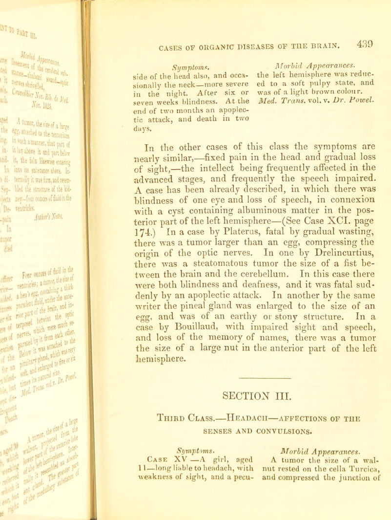 JlfoThid AppCOT(ll^C€S< side of the head also, and occa- the left hemisphere was rednc- sionally the neck—more severe ed to a soft pnipy state, and in the night. After six or was of a light brown colour, seven weeks blindness. At the Med. Tram.voX.x. Dr. Fowel. end of two months an apoplec- tic attack, and death in two days. In the other cases of this class the symptoms are nearly similar,—fixed pain in the head and gradual loss of sight,—the intellect being frequently atfected in the advanced stages, and frequently the speech impaired. A case has been already described, in which there was blindness of one eye and loss of speech, in connexion with a cyst containing albuminous matter in the pos- terior part of the left hemisphere—(See Case XCI. page ] 74.) In a case by Platerus, fatal by gradual wmsting, there wms a tumor larger than an egg, compressing the origin of the optic nerves. In one by Drelincurtius, there was a steatomatous tumor the size of a fist be- tween the brain and tbe cerebellum. In tins case there were both blindness and deafness, and it was fatal sud- denly by an apoplectic attack. In another by the same writer the pineal gland was enlarged to the size of an egg, and was of an earthy or stony structure. In a case by Bouillaud, with impaired sight and speech, and loss of the memory of names, there was a tumor the size of a large nut in the anterior part of the left hemisphere. SECTION III. Tiiied Class.—IIeadacii—affections of the SENSES AND CONVULSIONS. Symptoms. Case XV —A girl, aged 1 1—long liable to headach, with weakness of sight, and a pecu- Morbid Appearances. A tumor the size of a wal- nut rested on the cella Turcica, and compressed the junction of