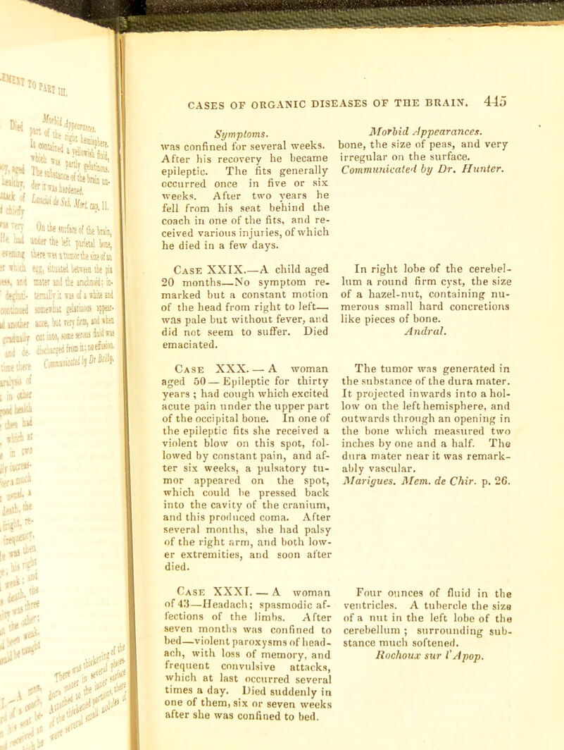 ■f«E5T PUl in. L, TtemlJ _ :■>! rad atcet the Mt puieul tae, WHiinj ihermnftinorthesiKoian T wt.ich m, MtuJied Uiwetn ike pia ►«, ifi mter ail the arulnoid; ii- tet;- Itmaliy it iBi ol a liiie ail .Dnliimeii sonietrliai eeiatinma appeal. liiMlCfr aae, but very 5rn),aaii *ta i^niilT cairaw,we*r«^®'*™ ad de- dwaareeaftiffl't:®™®' •jiie there u^iyw if III atw mihttiu ;tw 'i“i »h'fb *i ! in :« :'v lacr*'- :^r3iarn ■ifliai. * death. lix ■ . •«. trf '• ■aih. >* *' .'ires ' Ny ptlitb,; ^''C6 of the I . ifl* '. v.d '• ,1 I #• I I’l '■ ■ Symptoms. avas confined for several weeks. After his recovery he became epileptic. The fits generally occurred once in five or six weeks. After two years he fell from his seat behind the coach in one of the fits, and re- ceived various injuries, of which he died in a few days. Case XXIX.—A child aged 20 months—No symptom re. marked but a constant motion of the head from right to left— was pale but without fever, and did not seem to suffer. Died emaciated. Case XXX A woman aged 50—Epileptic for thirty years ; had cough which excited acute pain under the upper part of the occipital bone. In one of the epileptic fits she received a violent blow on this spot, fol- lowed by constant pain, and af- ter six weeks, a pulsatory tu- mor appeared on the spot, which could be pressed back into the cavity of the cranium, and this produced coma. After several months, she had palsy of the right arm, and both low- er extremities, and soon after died. Case XXXI. — A woman of 43—Ileadach; spasmodic af- fections of the limbs. After seven months was confined to bed—violent paroxysms of head- ach, with loss of memory, and frequent convulsive attacks, which at last occurred several times a day. Died suddenly in one of them, six or seven weeks after she was confined to bed. Morbid Appearances. bone, the size of peas, and very irregular on the surface. Communicated by Dr. Hunter. In right lobe of the cerebel- lum a round firm cyst, the size of a hazel-nut, containing nu- merous small hard concretions like pieces of bone. AndraL The tumor was generated in the substance of the dura mater. It projected inwards into a hol- low on the left hemisphere, and outwards through an opening in the bone which measured two inches by one and a half. The dura mater near it was remark- ably vascular. Marigues. Mem. de Chir. p. 26. Four ounces of fluid in the ventricles. A tubercle the sizs of a nut in the left lobe of the cerebellum ; surrounding sub- stance much softened. Rochoux sur I' A pop.