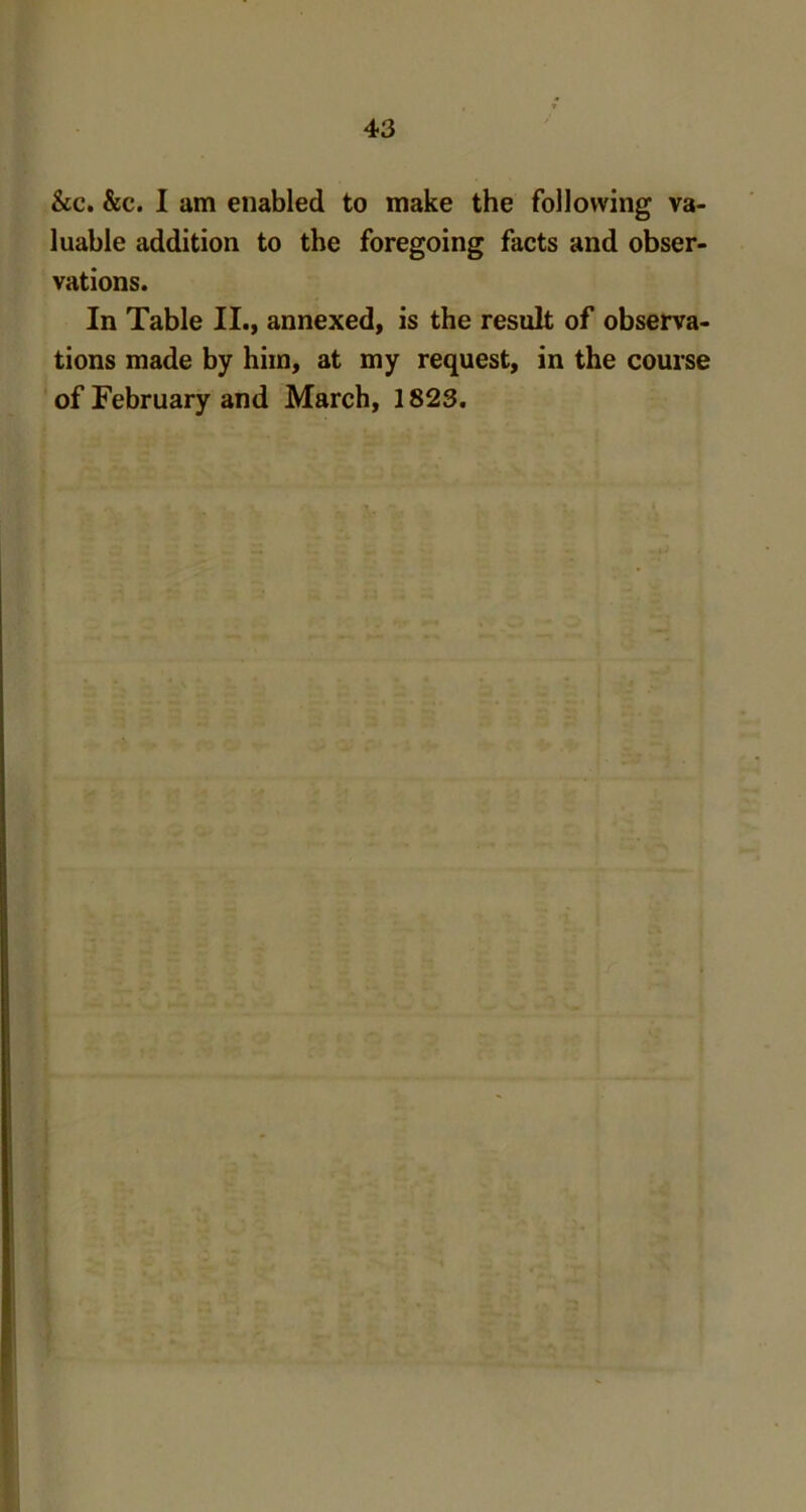 &c. &c. I am enabled to make the following va- luable addition to the foregoing facts and obser- vations. In Table II., annexed, is the result of observa- tions made by him, at my request, in the course of February and March, 1823.