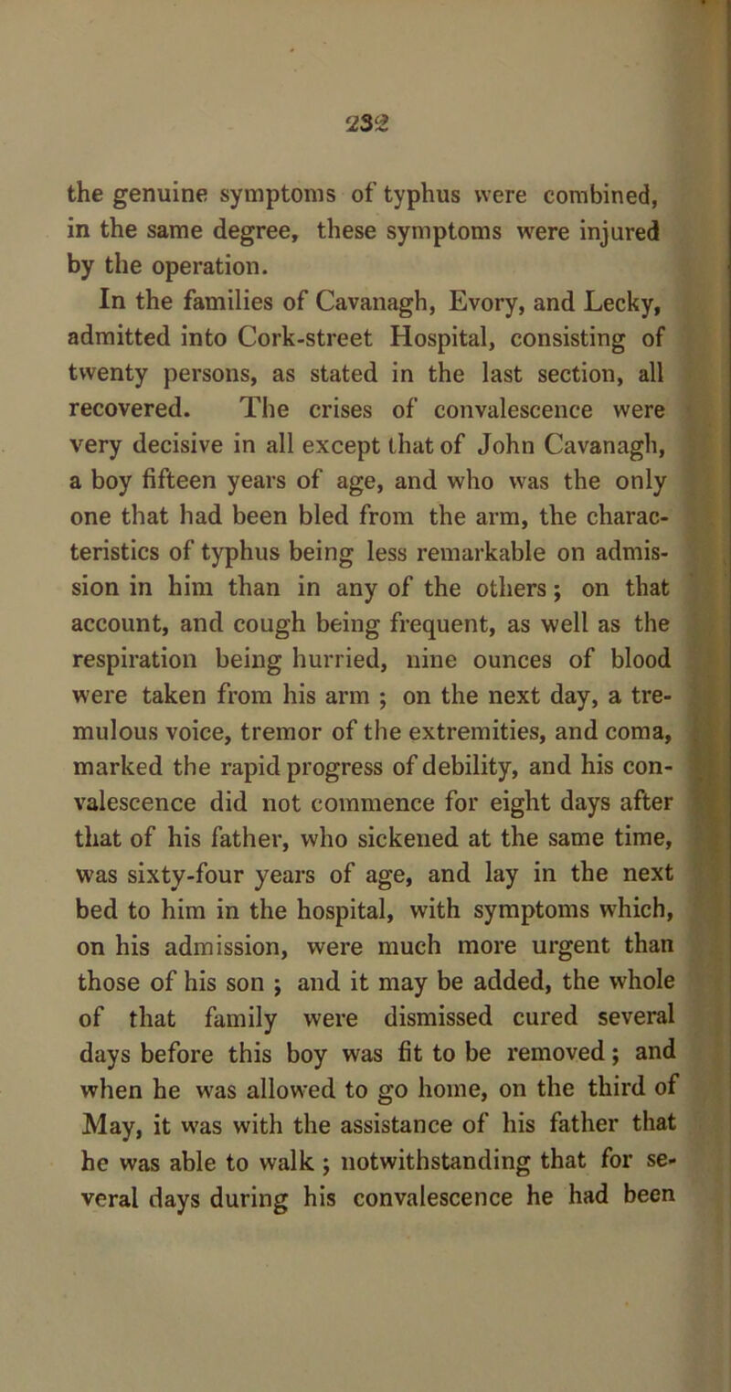 the genuine symptoms of typhus were combined, in the same degree, these symptoms were injured by the operation. In the families of Cavanagh, Evory, and Lecky, admitted into Cork-street Hospital, consisting of twenty persons, as stated in the last section, all recovered. The crises of convalescence were very decisive in all except that of John Cavanagh, a boy fifteen years of age, and who was the only one that had been bled from the arm, the charac- teristics of typhus being less remarkable on admis- sion in him than in any of the others; on that account, and cough being frequent, as well as the respiration being hurried, nine ounces of blood were taken from his arm ; on the next day, a tre- mulous voice, tremor of the extremities, and coma, marked the rapid progress of debility, and his con- valescence did not commence for eight days after that of his father, who sickened at the same time, was sixty-four years of age, and lay in the next bed to him in the hospital, with symptoms which, on his admission, were much more urgent than those of his son j and it may be added, the whole of that family were dismissed cured several days before this boy was fit to be removed; and when he was allowed to go home, on the third of May, it was with the assistance of his father that he was able to walk ; notwithstanding that for se- veral days during his convalescence he had been