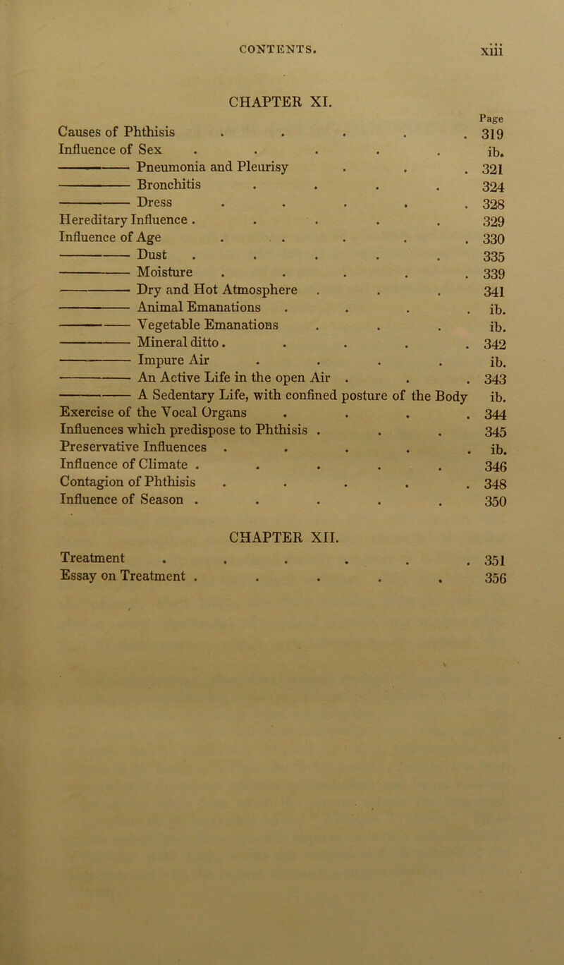CHAPTER XI. Page Causes of Phthisis • * 319 Influence of Sex .... ib. ■ Pneumonia and Pleurisy • • 321 Bronchitis 324 Dress • • 328 Hereditary Influence.... 329 Influence of Age • , 330 Dust .... 335 Moisture • • 339 Dry and Hot Atmosphere 341 Animal Emanations • • ib. Vegetable Emanations ib. Mineral ditto. • • 342 Impure Air ib. An Active Life in the open Air . • • 343 A Sedentary Life, with confined posture of the Body ib. Exercise of the Vocal Organs • • 344 Influences which predispose to Phthisis . 345 Preservative Influences . • • ib. Influence of Climate .... 346 Contagion of Phthisis • • 348 Influence of Season .... • 350 CHAPTER XII. Treatment .... • • 351 Essay on Treatment .... • 356